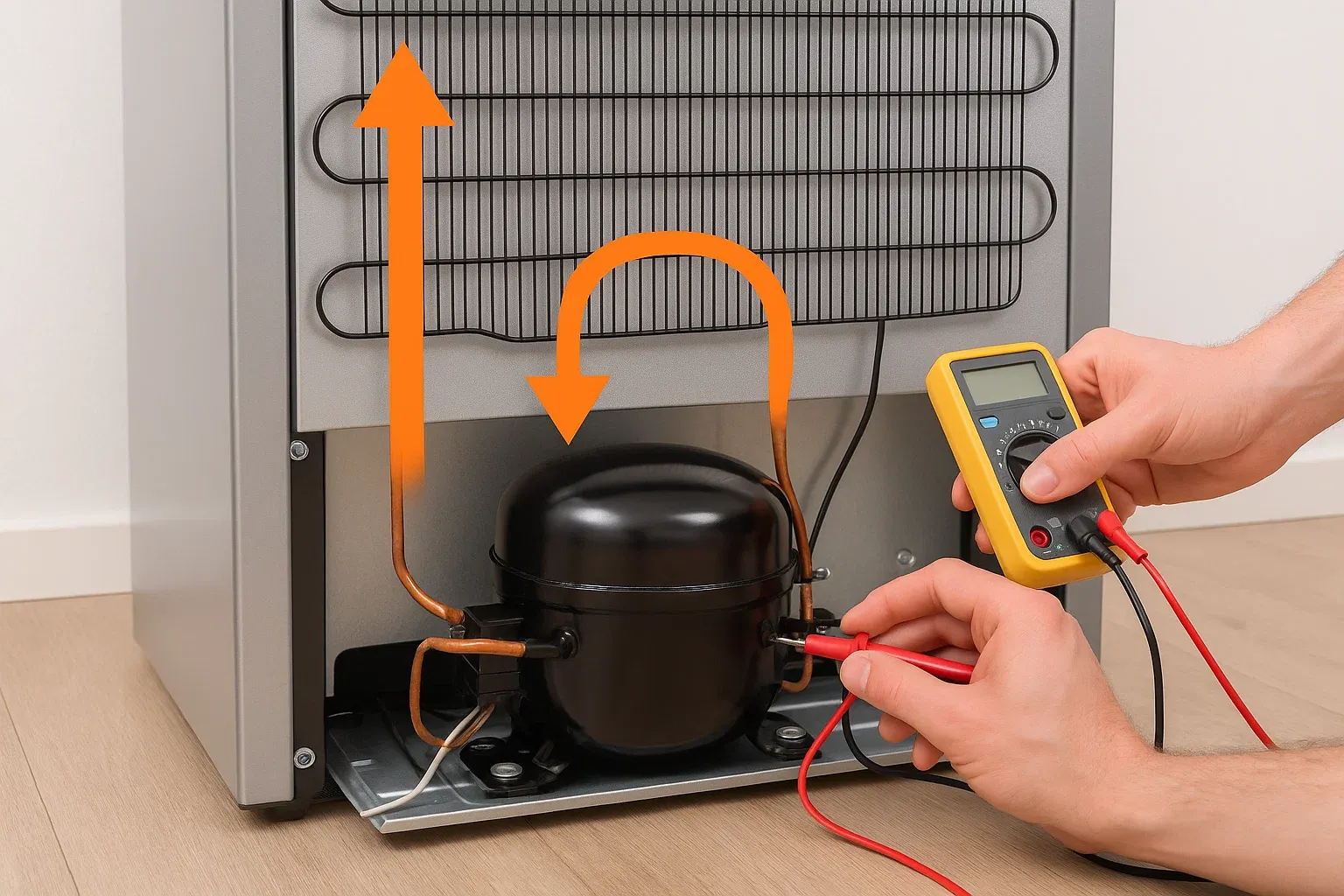 Refrigerator compressor at back of fridge – motor compressing refrigerant gas to start cooling cycle in Sacramento home
