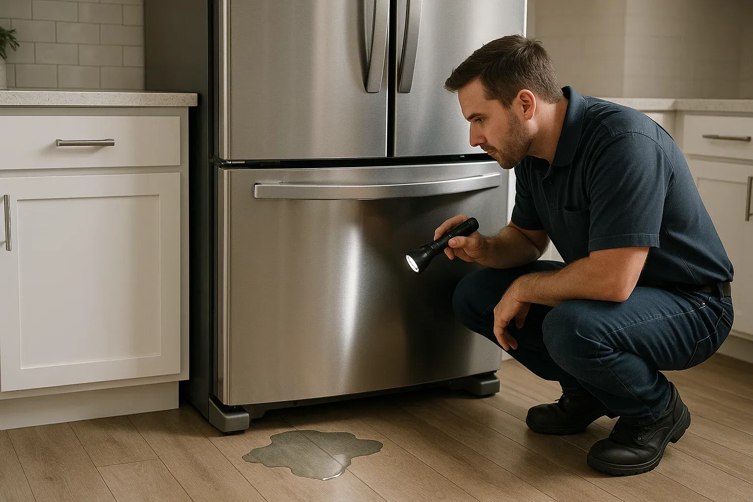 Refrigerator leaking water onto kitchen floor – technician checking defrost drain, door seal, and water line in Sacramento home