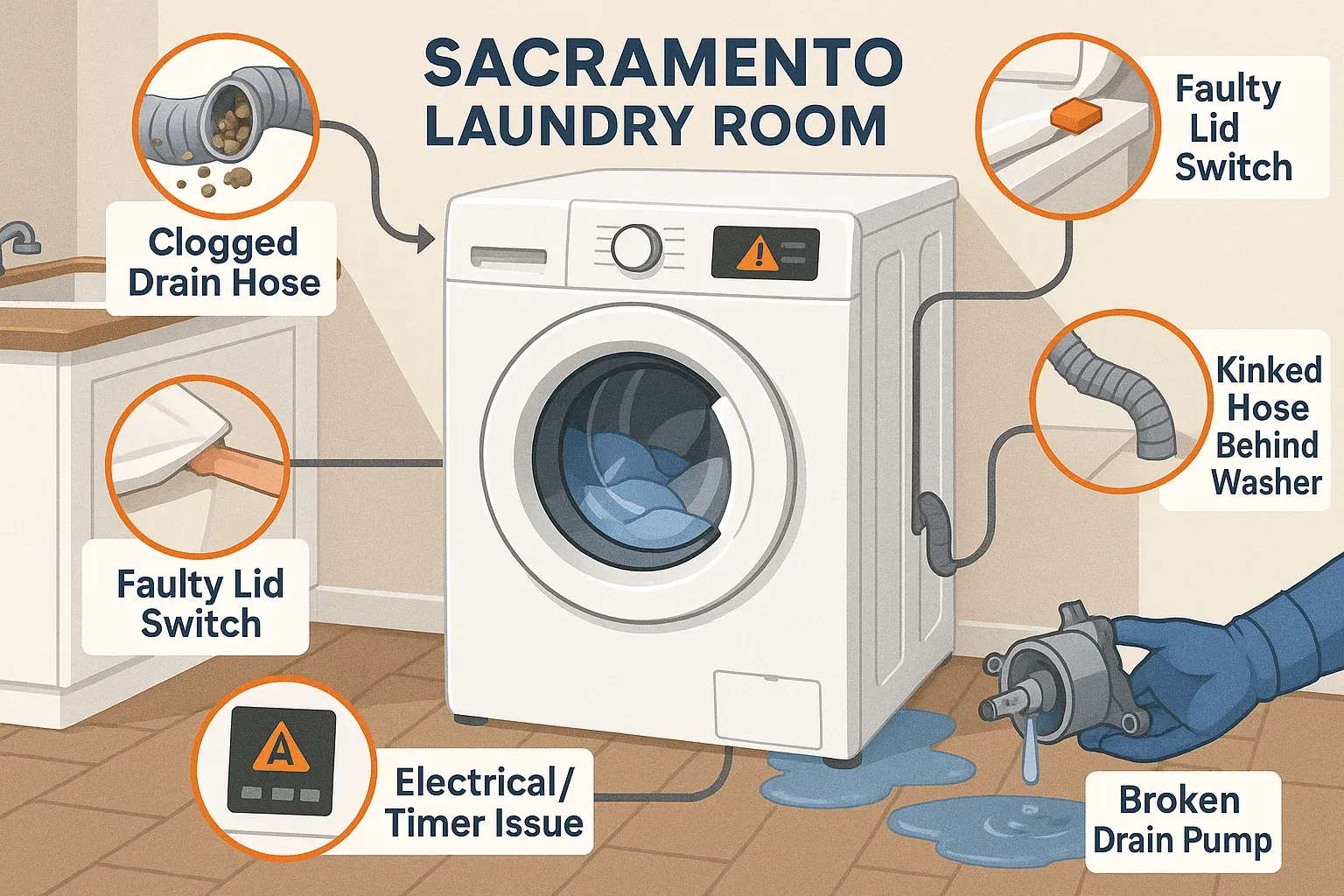 Why washing machine won’t drain – clogged hose, faulty lid switch, broken pump, kinked hose, and electrical issues in Sacramento homes