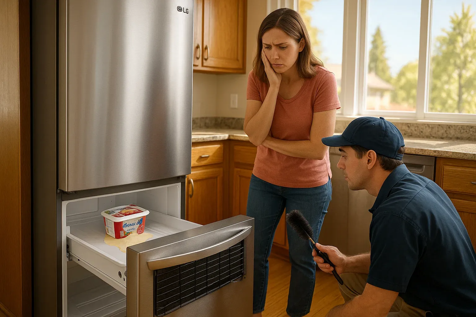 LG bottom freezer refrigerator not cooling – Sacramento repair technician cleaning condenser coils