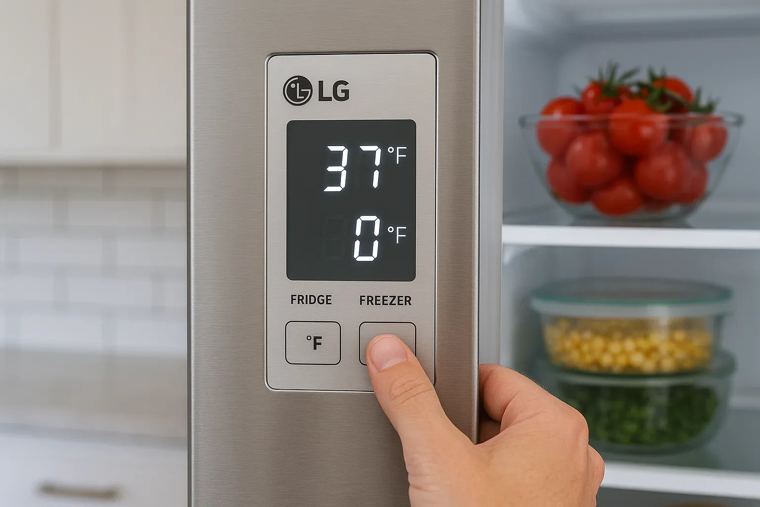 LG refrigerator temperature settings at 37°F and freezer at 0°F – Sacramento homeowner adjusting fridge controls