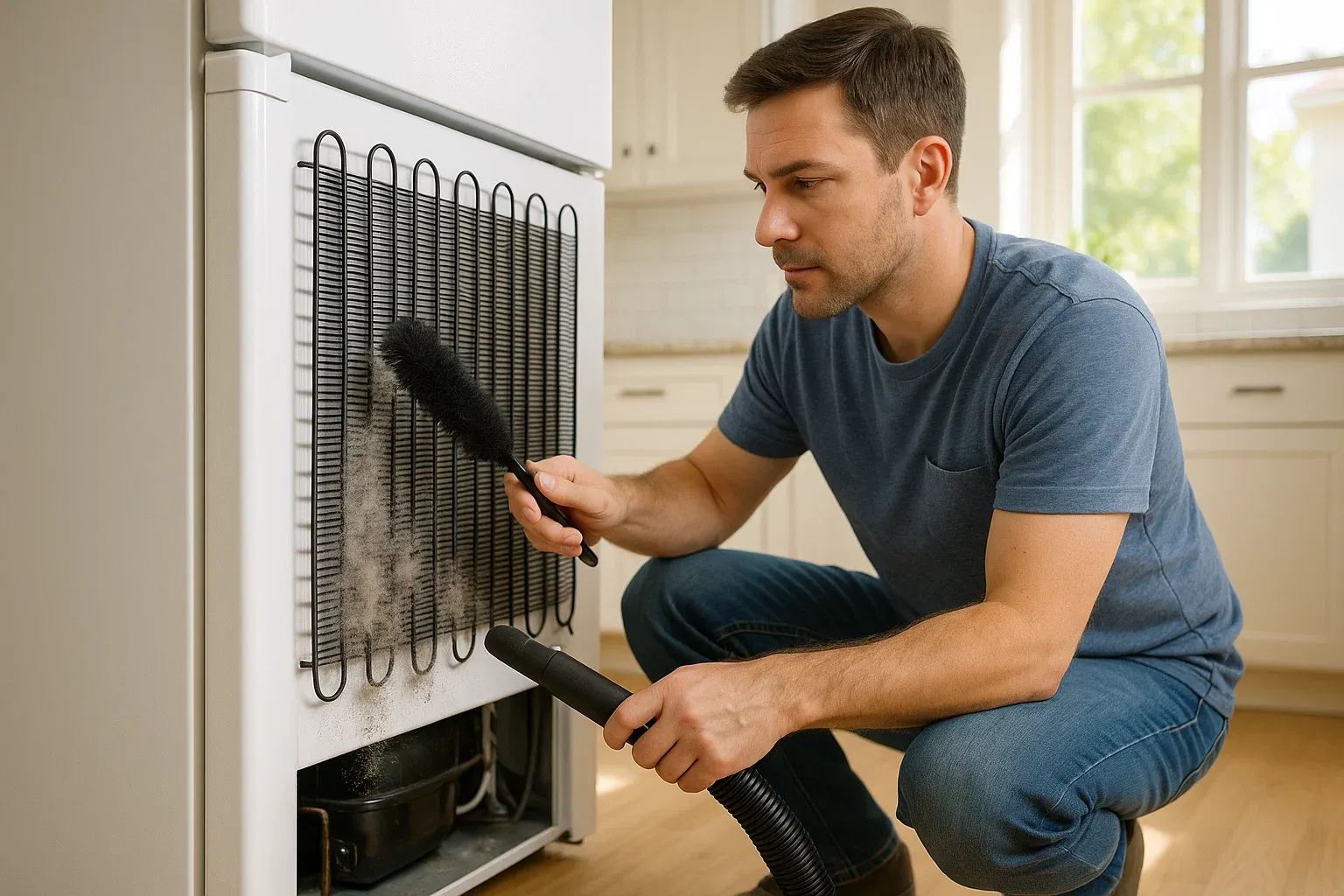 A person cleaning refrigerator condenser coils with coil brush and vacuum