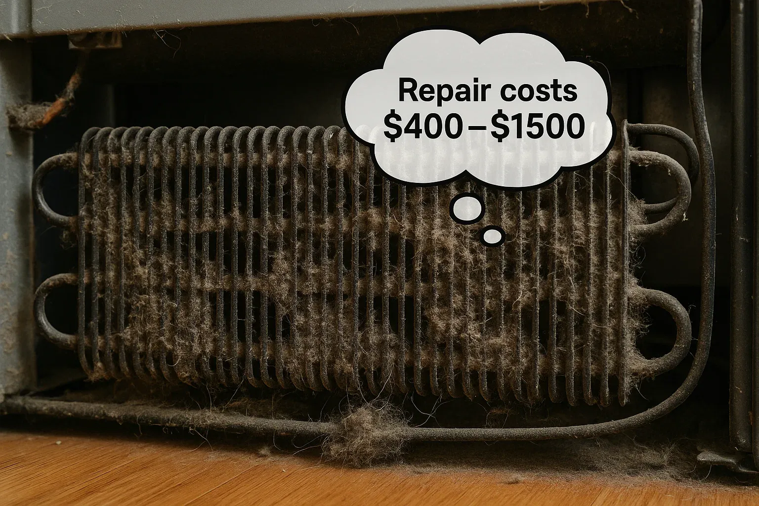 Dusty refrigerator condenser coils hidden behind fridge – Sacramento homeowners reminded why coil cleaning prevents costly repairs