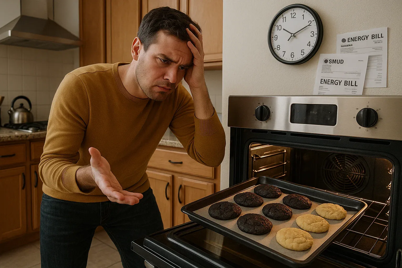 Uneven oven heating in Sacramento – cookies burnt on one side and raw on the other, showing wasted energy and food safety risks
