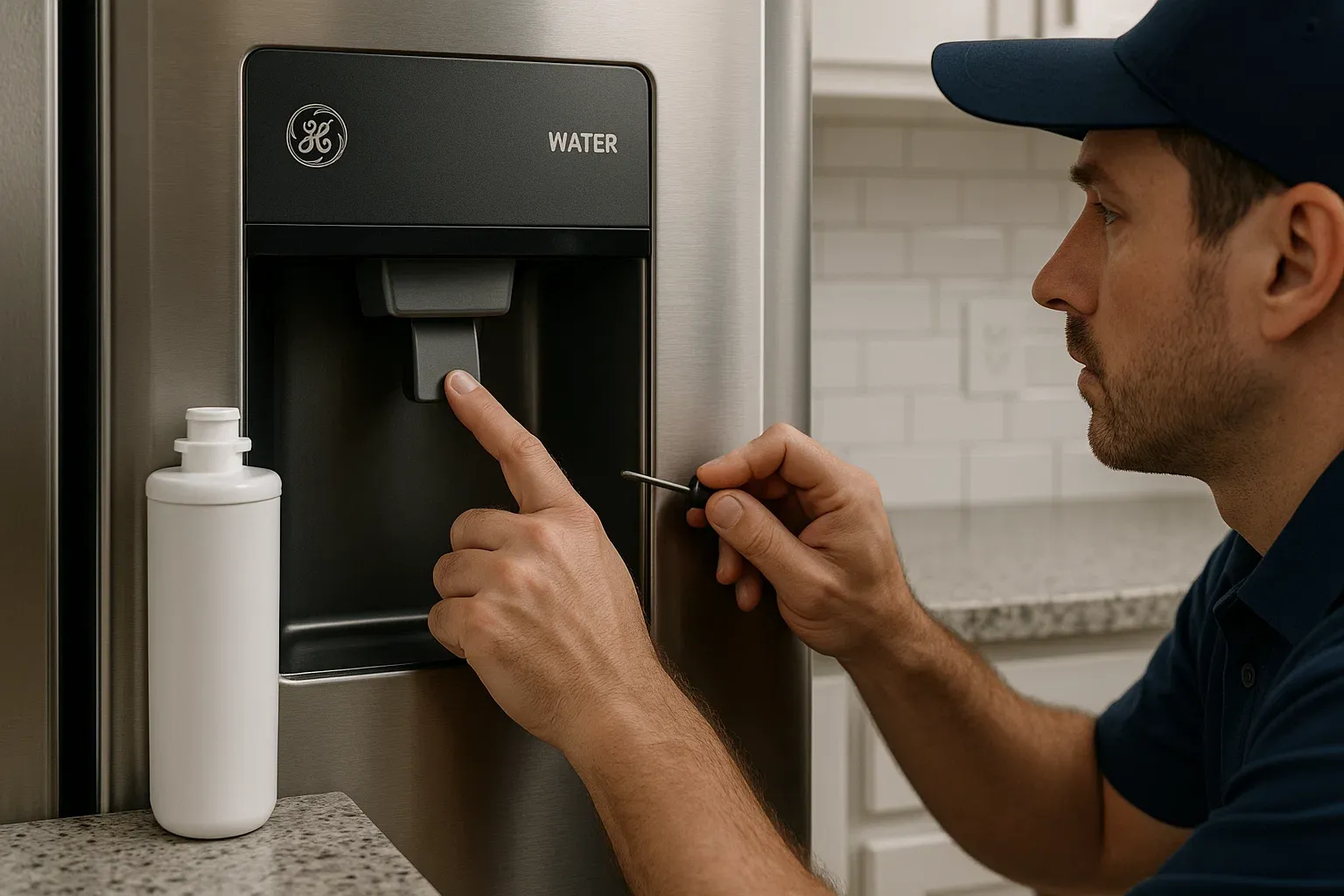 GE refrigerator water dispenser not working – Sacramento homeowner replacing water filter and technician checking dispenser switch