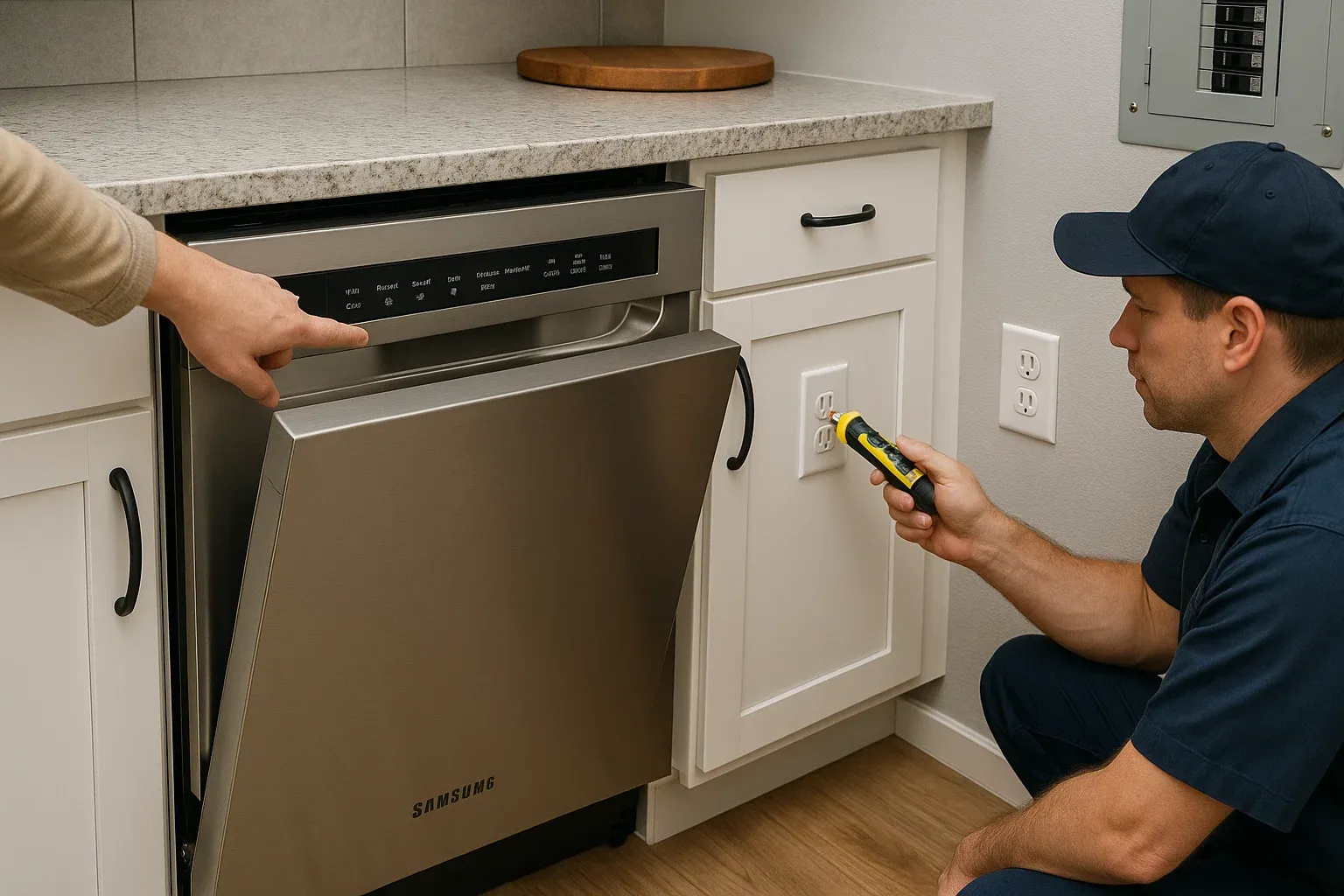 Samsung dishwasher not turning on – Sacramento technician checking power supply, door latch, and control board