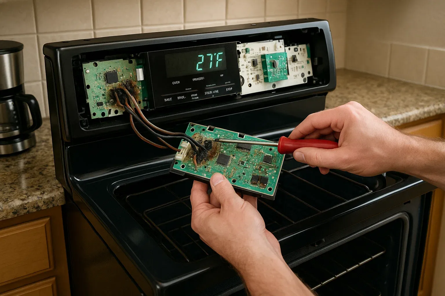 Broken oven control board causing inaccurate temperature – Sacramento technician inspecting damaged circuit board