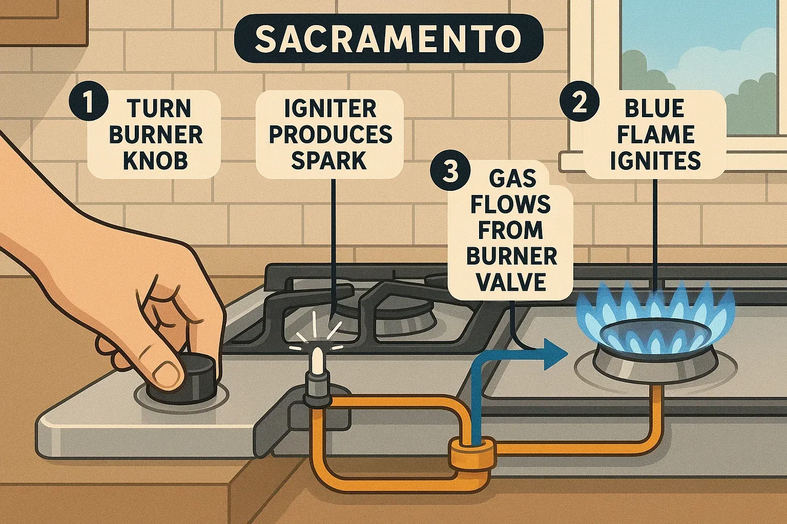 How a gas cooktop ignition system works – burner knob, igniter spark, gas flow, and blue flame ignition explained