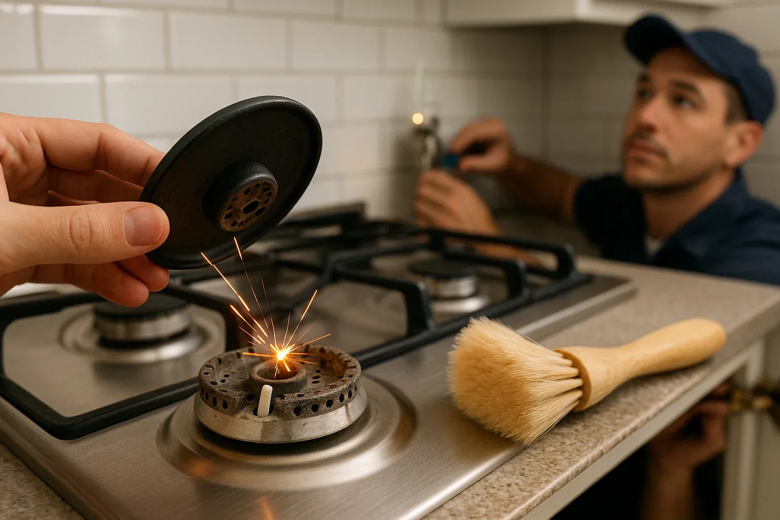 Gas cooktop not lighting due to blocked gas flow – clogged burner ports and closed valve inspection in Sacramento kitchen