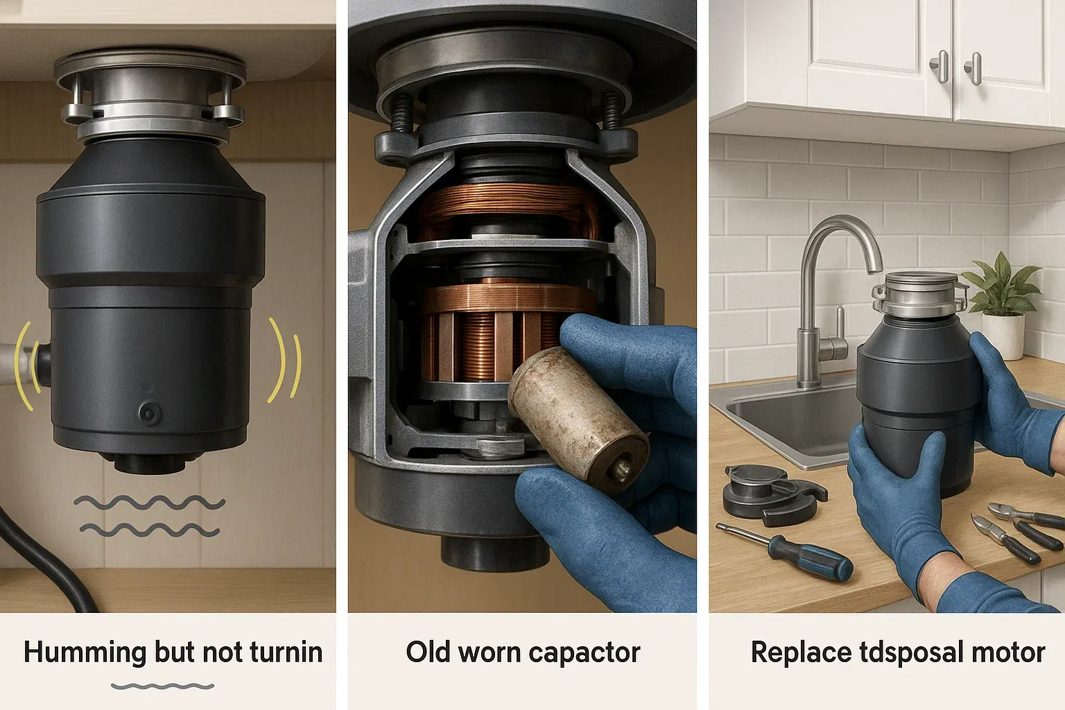 Garbage disposal motor problem Sacramento – faulty motor or capacitor causing unit to hum but not turn