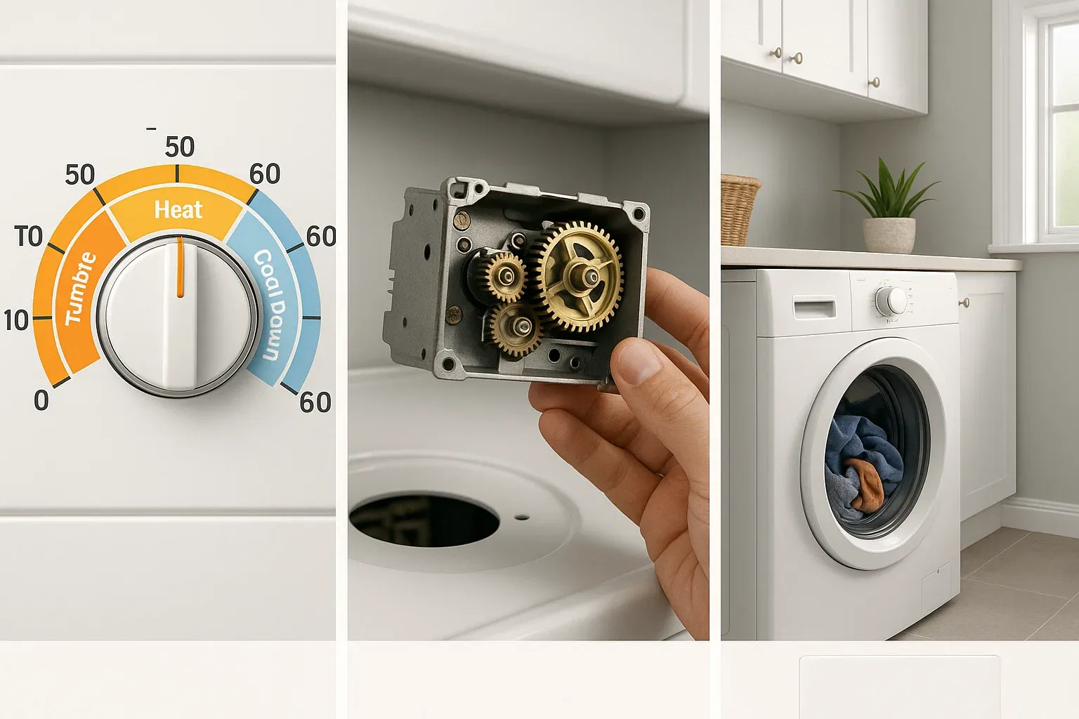 Dryer timer repair Sacramento – cycle manager controlling tumble, heat, and cool down with mechanical gear issues