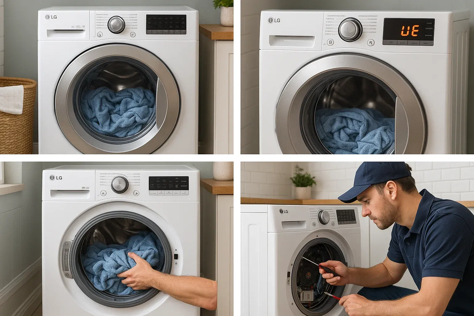 LG washer not spinning Sacramento – wet clothes, UE error code, unbalanced load, motor or control board repair