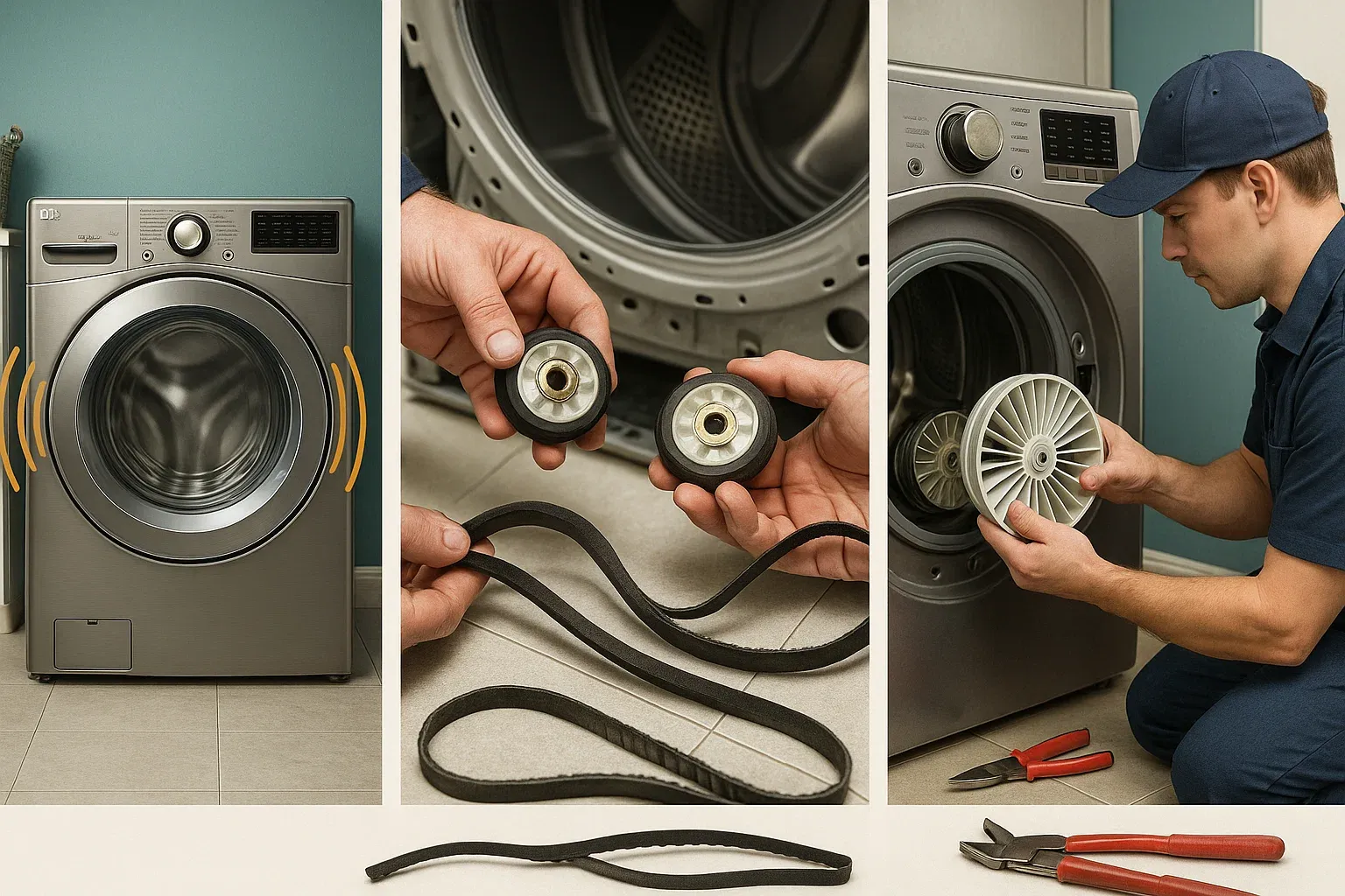 LG dryer making loud noises Sacramento – thumping, squealing, grinding from worn rollers, belt, or blower wheel