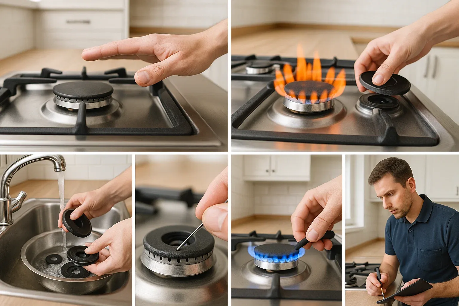 Step-by-step troubleshooting orange gas flame Sacramento – cleaning burners, clearing ports, testing for steady blue flame