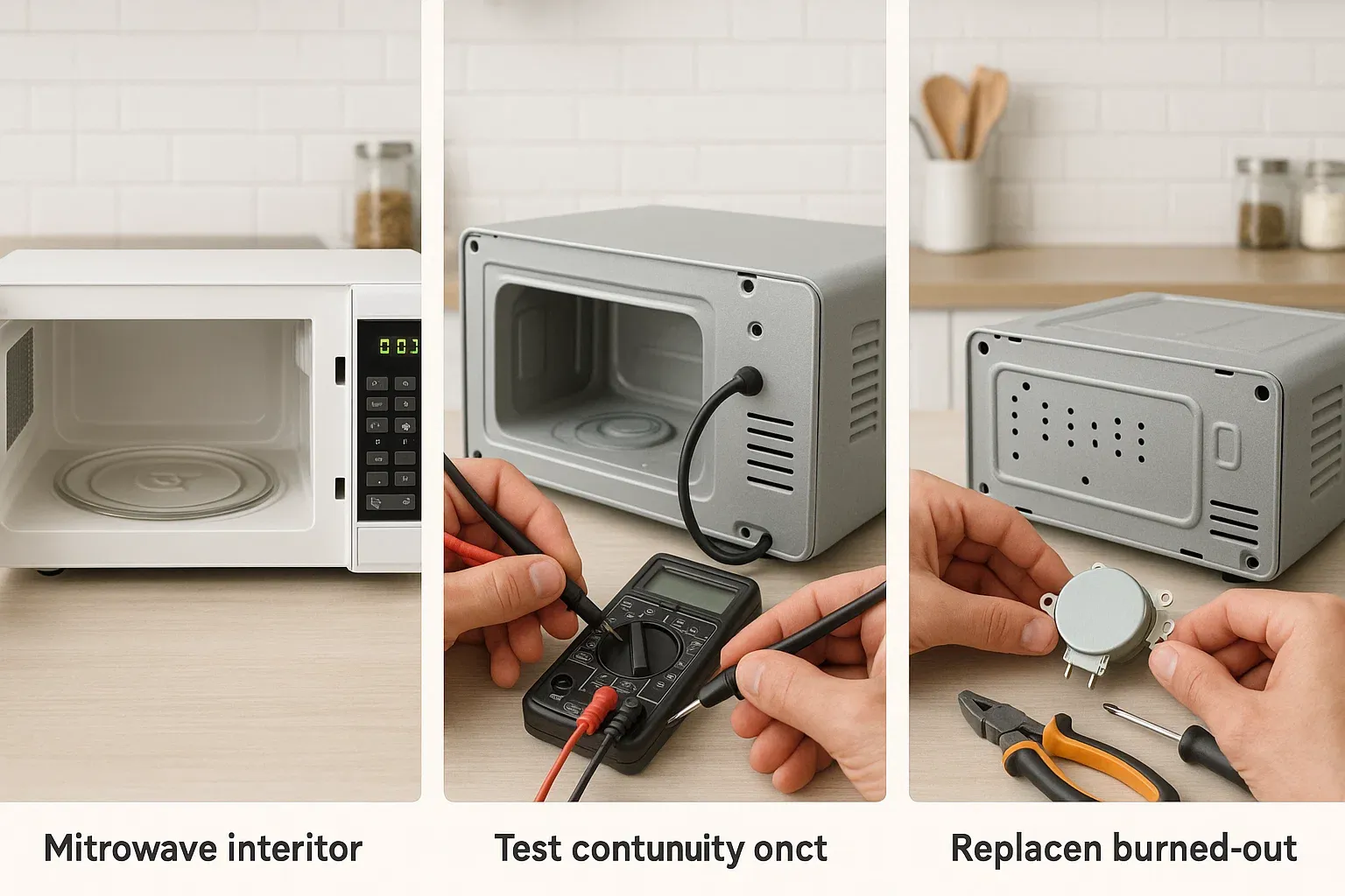 Microwave repair Sacramento – faulty turntable motor symptoms, testing with multimeter, and replacement fix