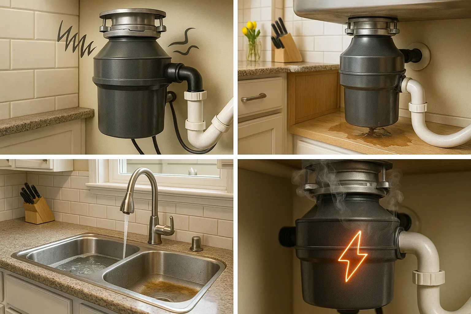 Garbage disposal noise Sacramento – grinding sounds leading to motor burnout, leaks, plumbing backups, and electrical hazards