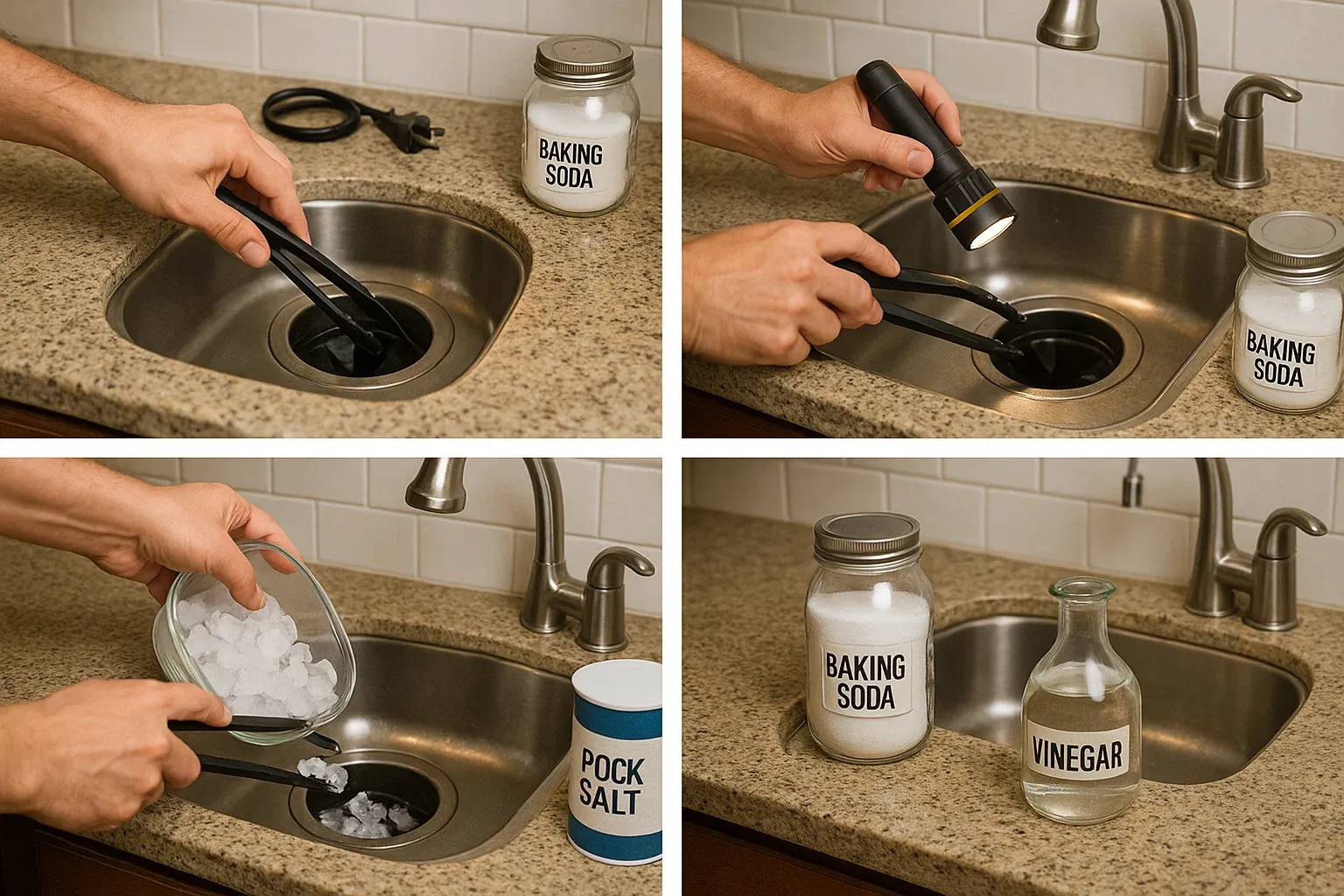 Sacramento homeowner safely cleaning noisy garbage disposal with tongs, ice, rock salt, baking soda, and vinegar
