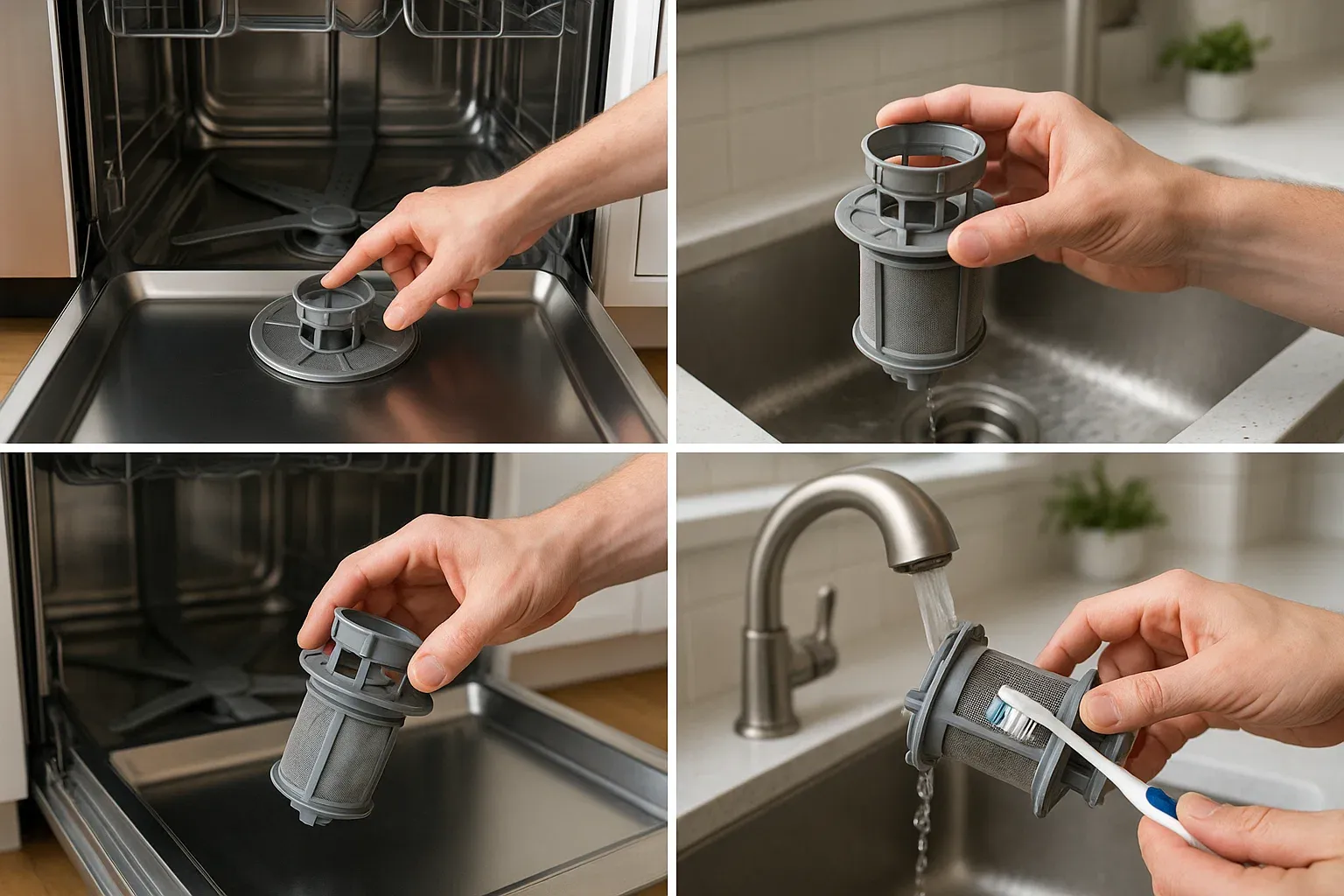 How to clean dishwasher filter Sacramento – remove, rinse under warm water, scrub with toothbrush