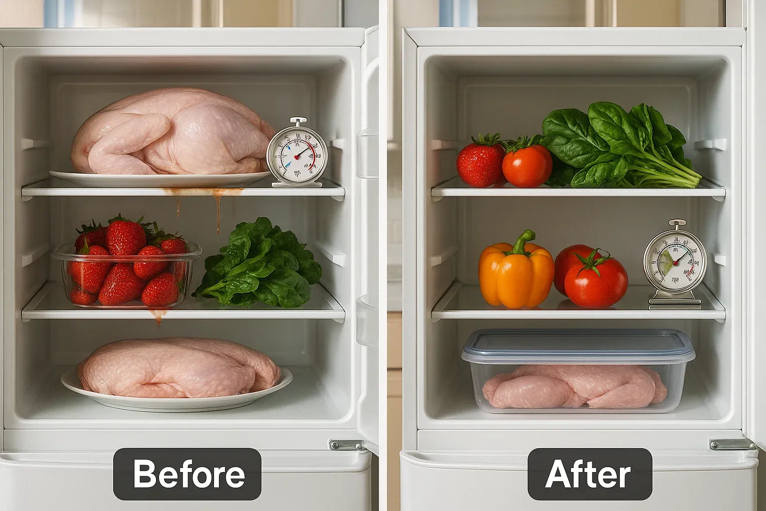 Refrigerator organization Sacramento – case study showing raw meat leak contamination fixed with proper shelf zones and correct 37°F temperature