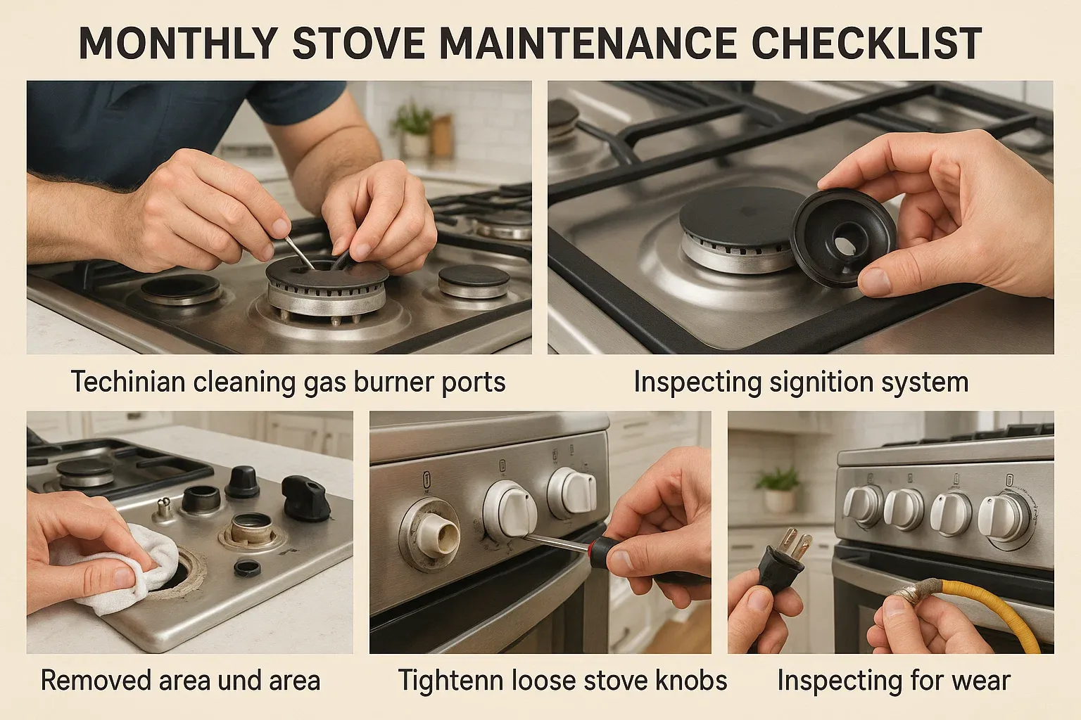 Stove maintenance checklist Sacramento – cleaning burner ports, inspecting ignition, tightening knobs, checking cord and gas hose