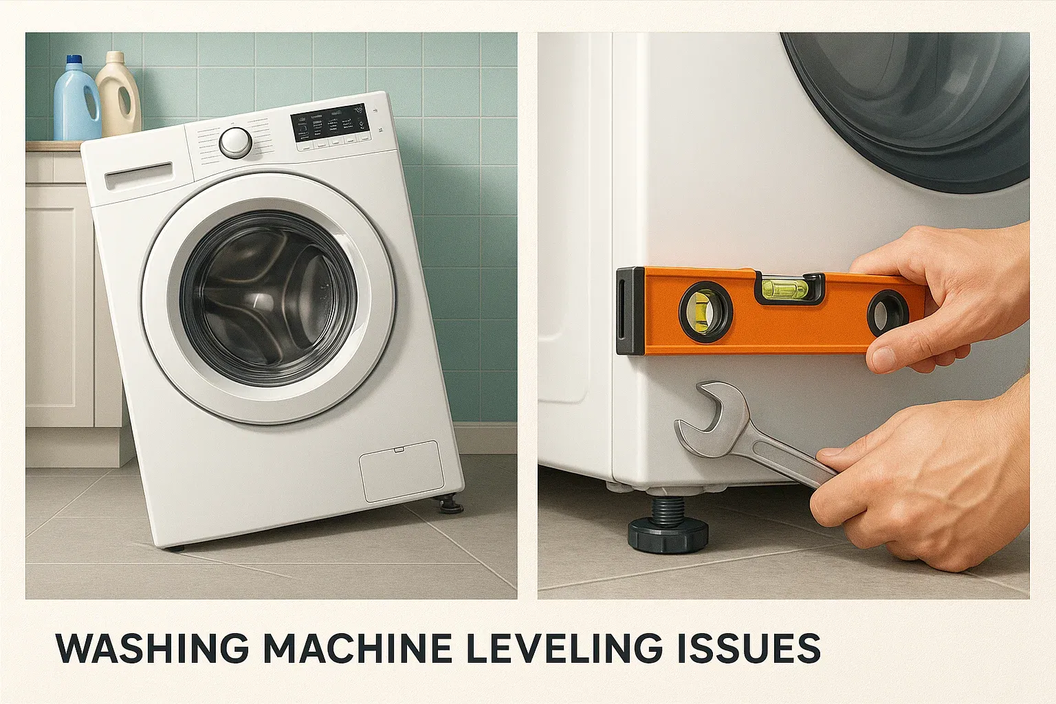 Washing machine leveling issues Sacramento – slanted washer on uneven floor and adjusting feet with level tool