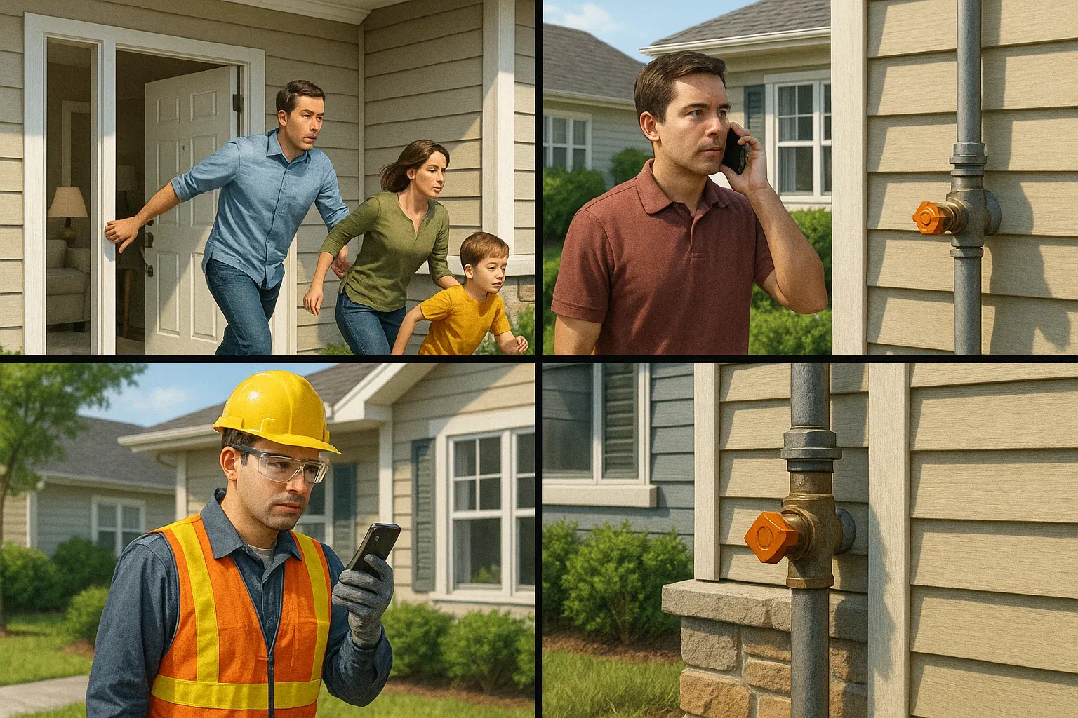Emergency gas shut-off procedures – evacuate home, call PG&E or 911, wait for pros, keep shut-off valve accessible