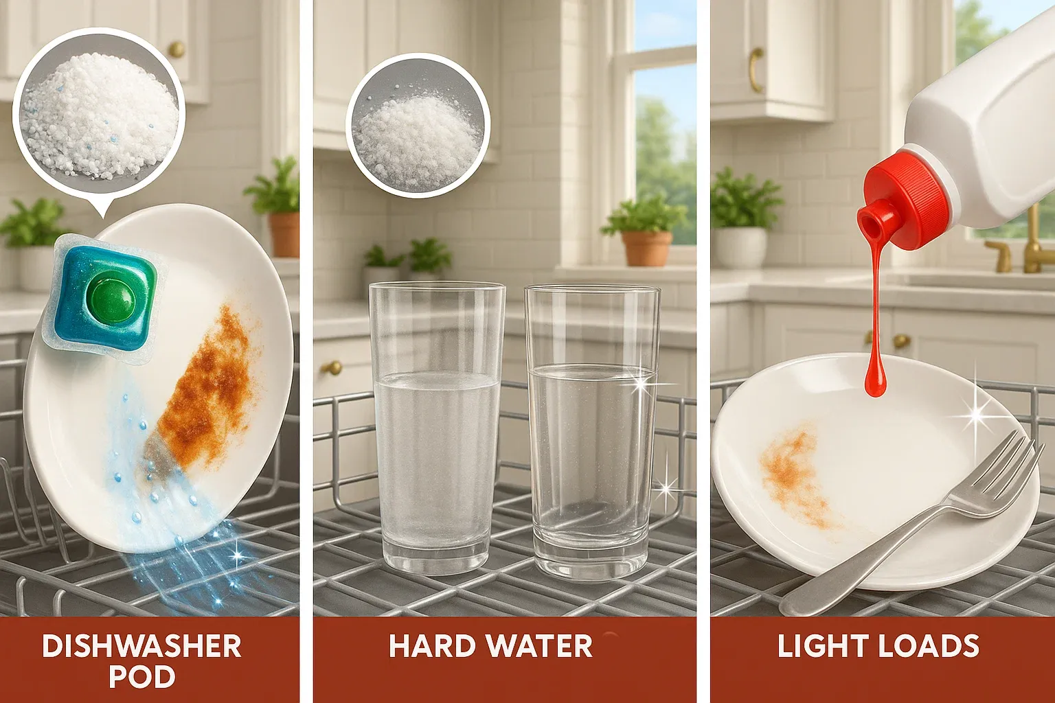Dishwasher detergent performance Sacramento – pods for baked-on food, powders for hard water, gels for light loads