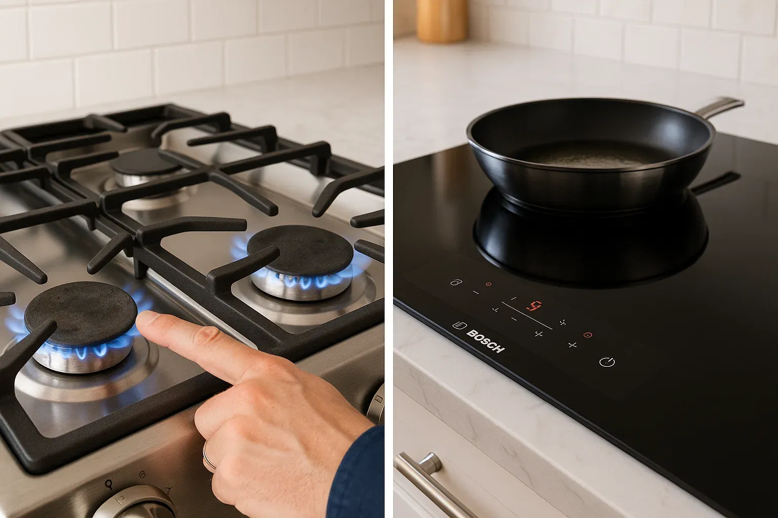 Bosch cooktop comparison Sacramento – gas cooktop with burner caps vs induction cooktop with digital control panel