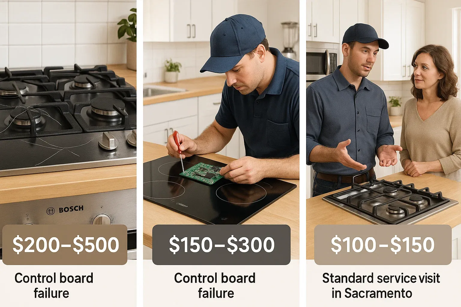 Bosch cooktop repair cost Sacramento – cracked surface replacement, control board repair, and service pricing