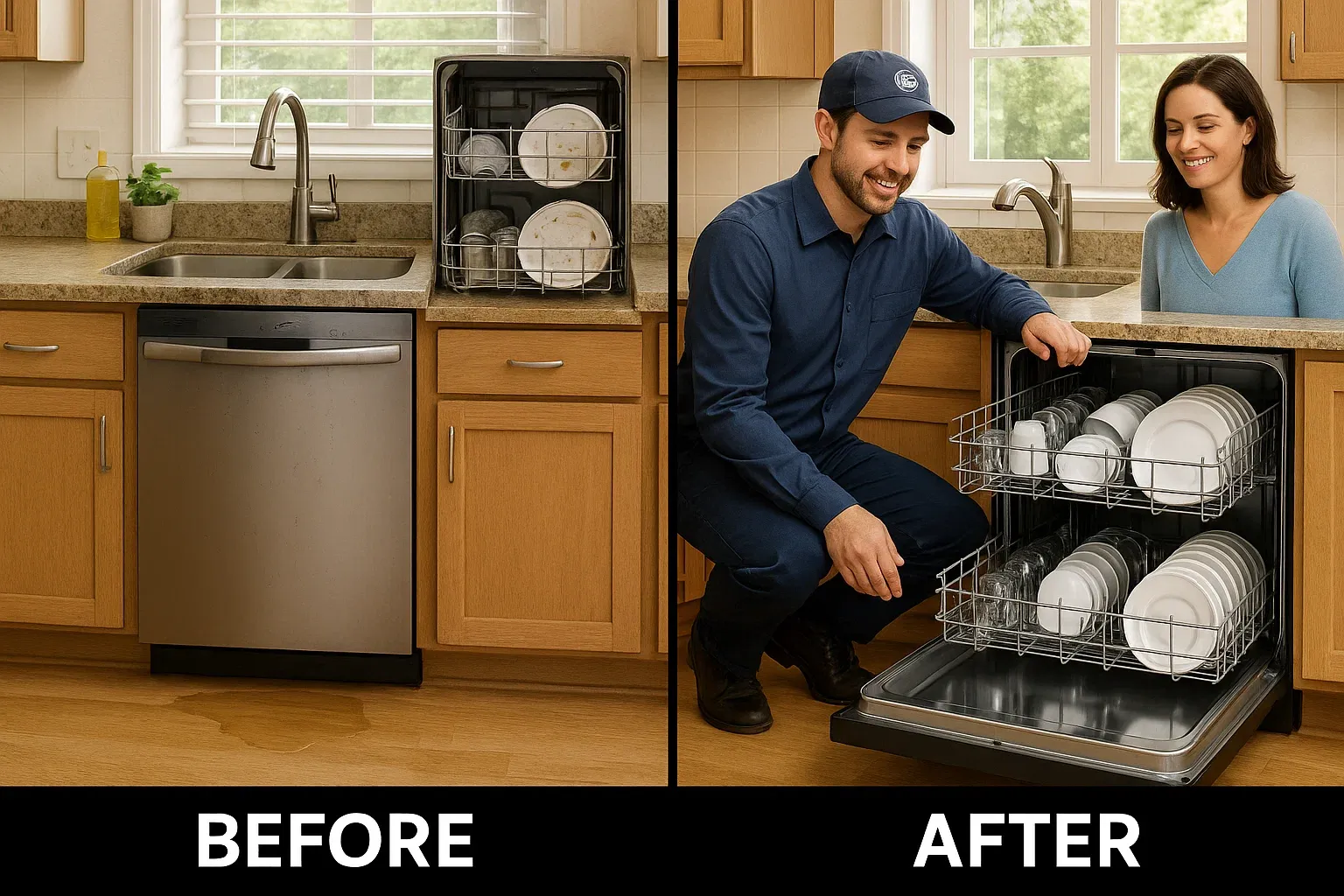 GE dishwasher repair Sacramento case study – before dirty leaking dishwasher vs after professional repair with clean dishes
