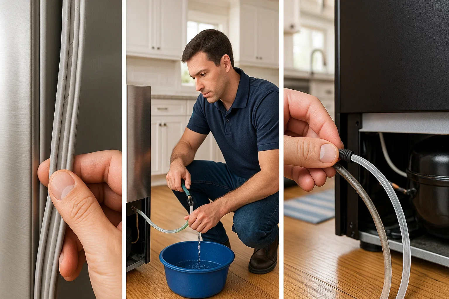 Refrigerator water leak repair Sacramento – inspect gaskets, flush water lines, replace cracked tubing