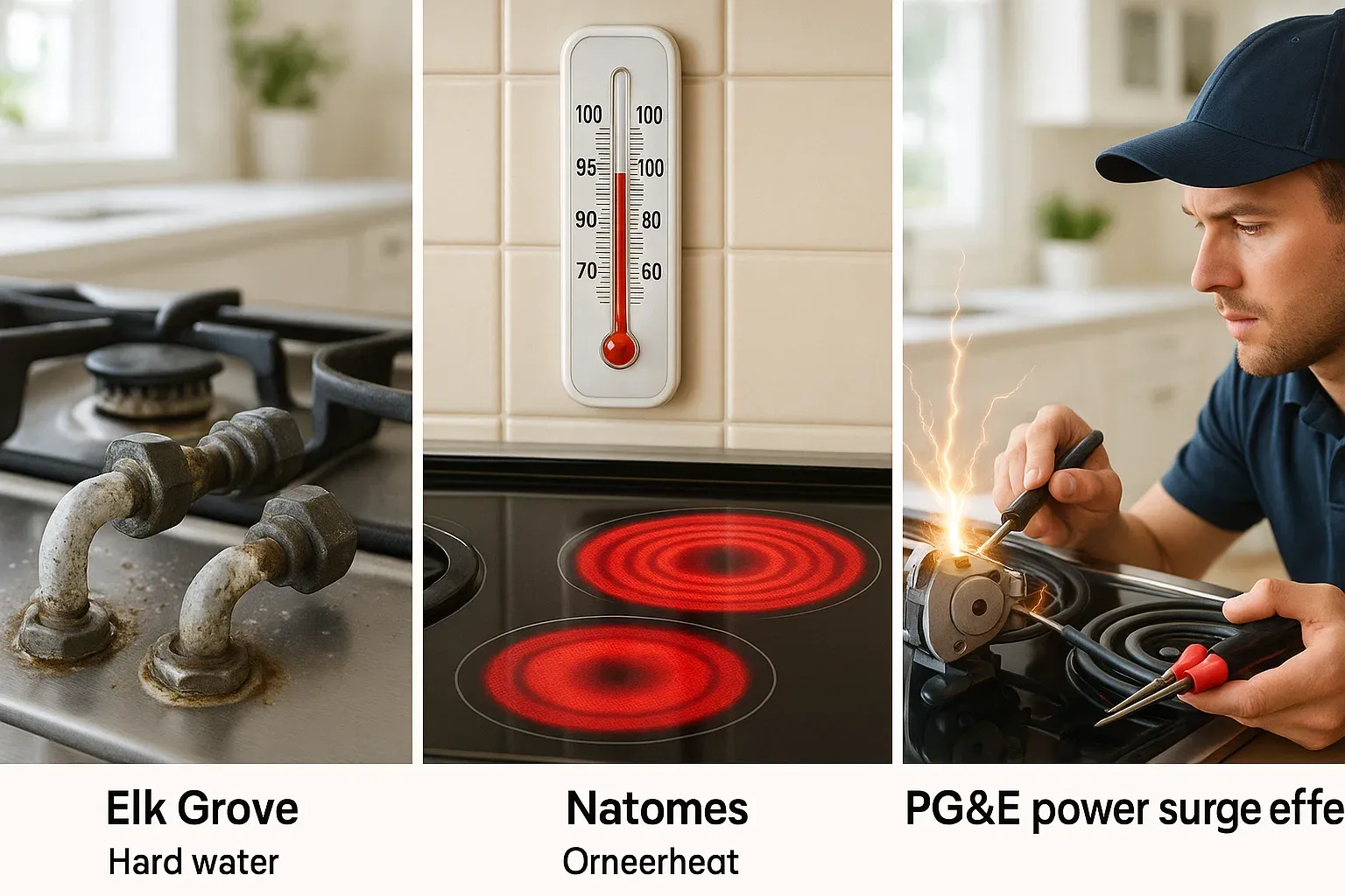 Sacramento cooktop stress factors – Elk Grove hard water corrosion, Natomas summer heat damage, PG&E power surge risks