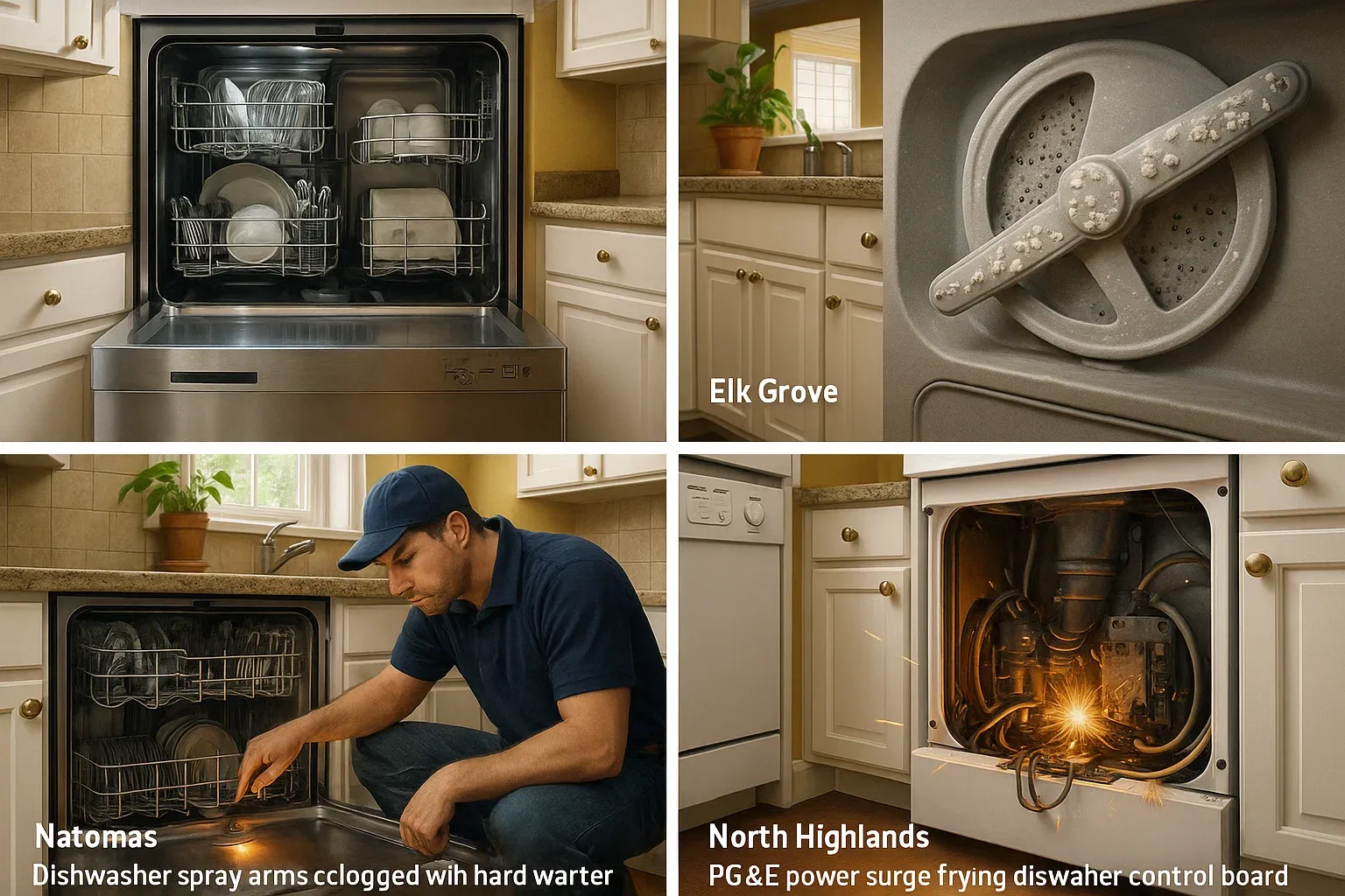 Noisy dishwasher Sacramento – hard water clogs, Natomas heat overheating pumps, PG&E surges damaging control boards