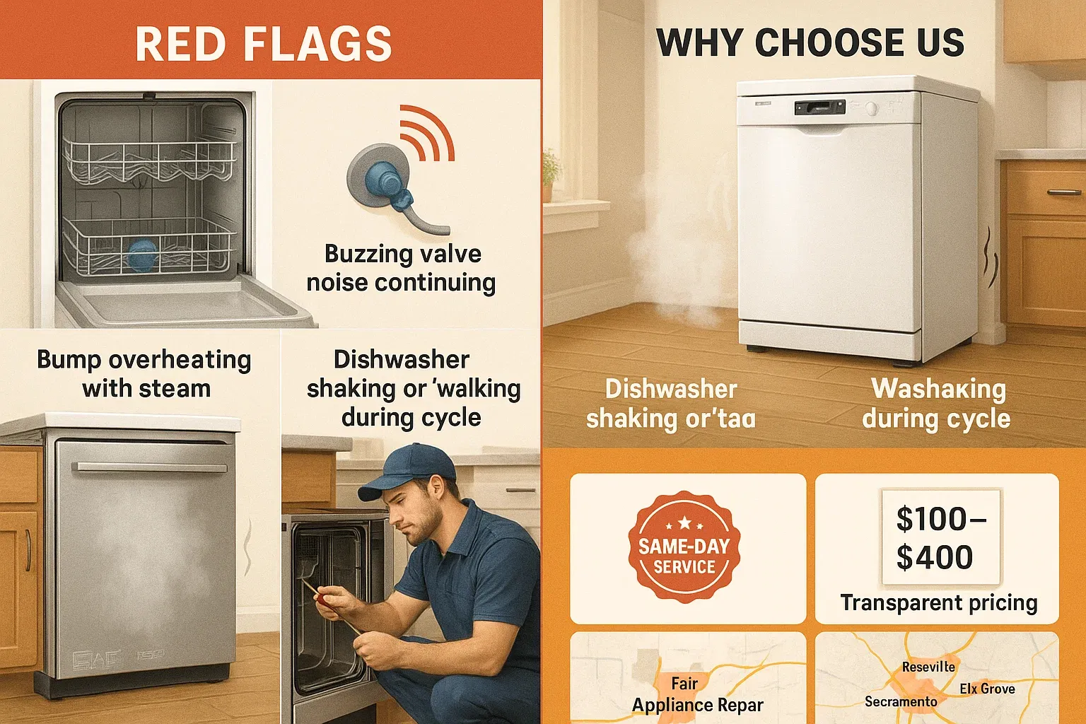 When to call Sacramento dishwasher repair – grinding noise, buzzing valve, overheating pump, walking dishwasher, same-day Fair Appliance Repair