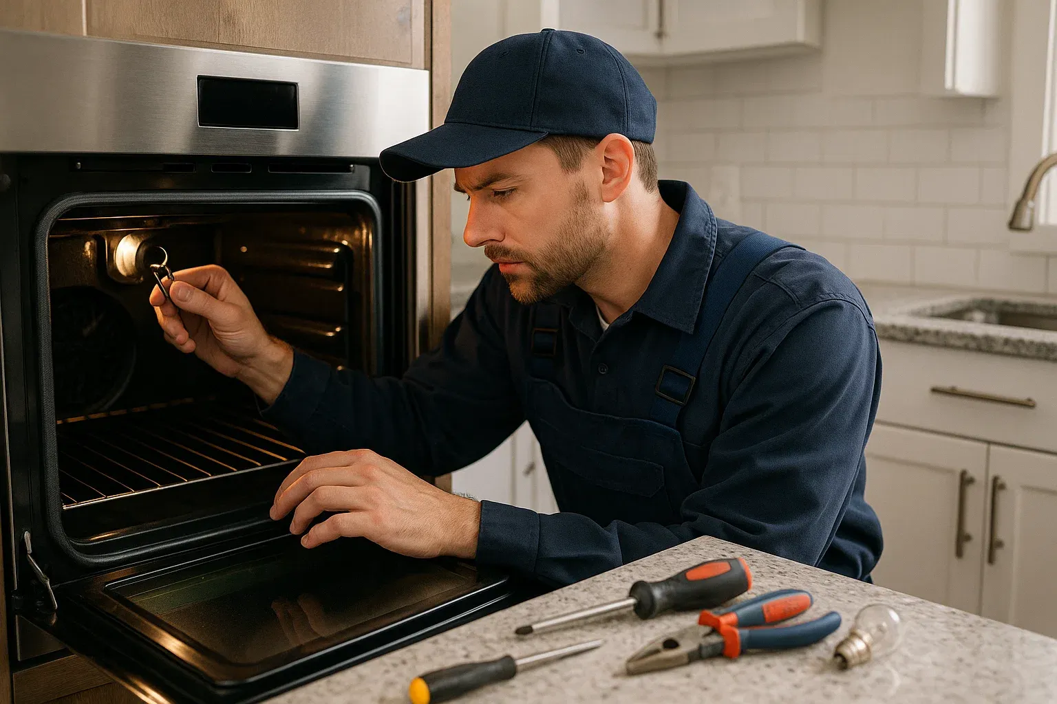 Professional oven light repair in Sacramento – technician fixing faulty wiring and replacing burned-out bulb