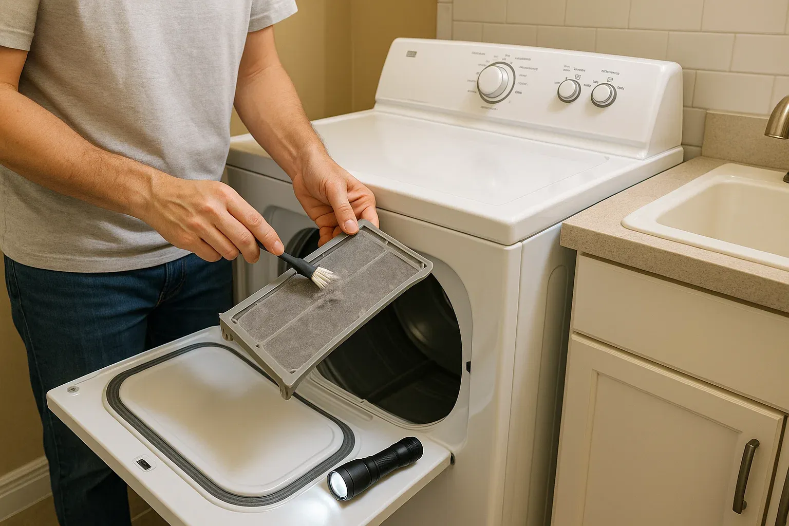 Sacramento dryer maintenance – homeowner cleaning lint filter and inspecting vent duct to prevent overheating