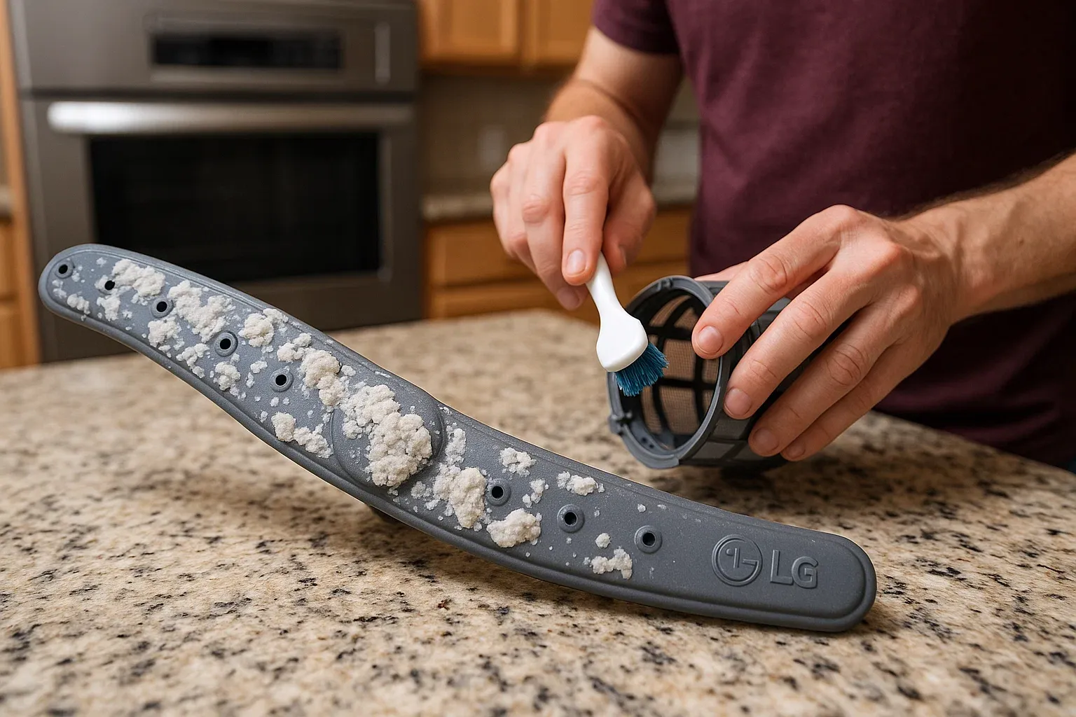 Sacramento LG dishwasher maintenance – hard water deposits on spray arm and filter cleaning to prevent pump wear