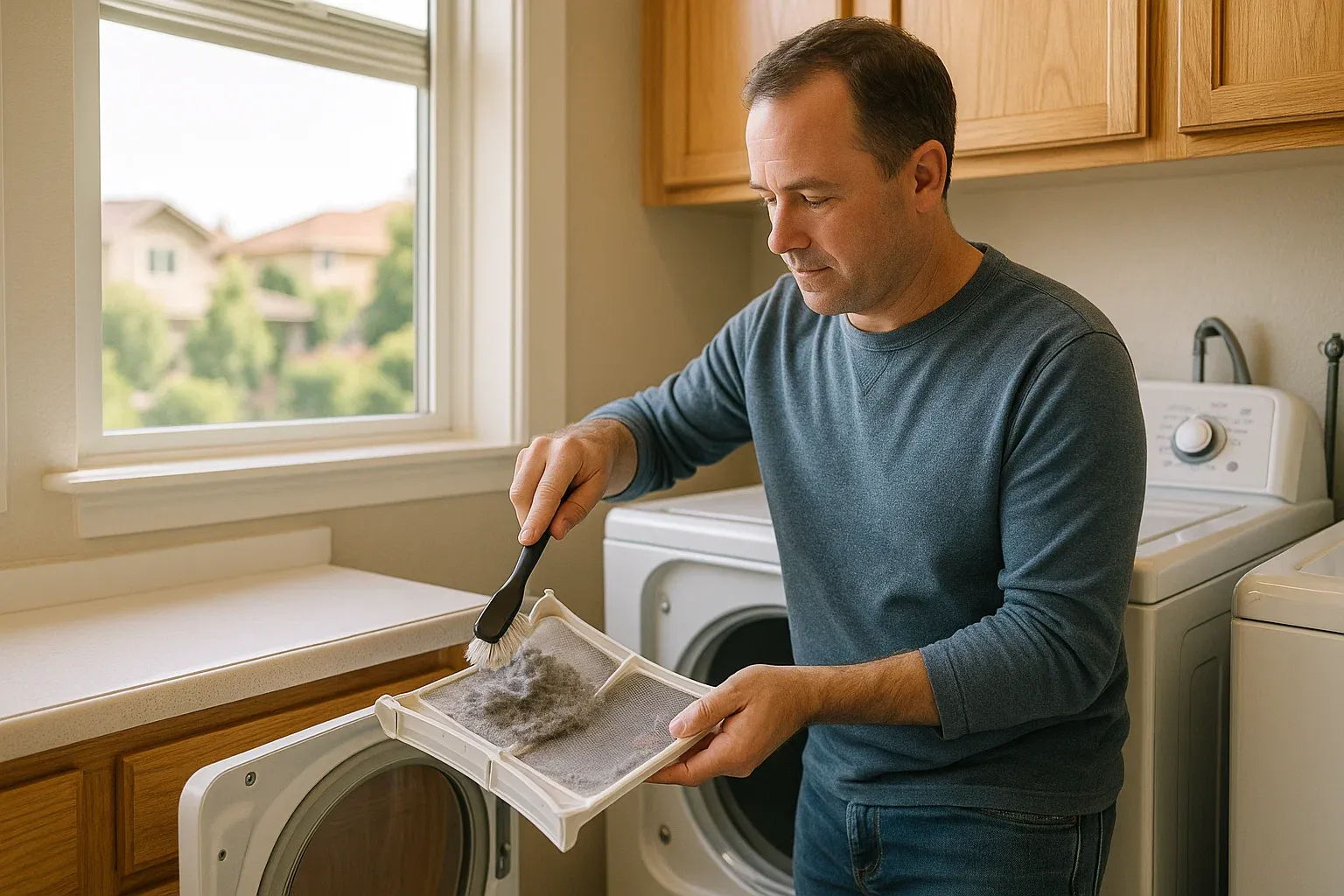 Roseville homeowner cleaning dryer lint filter – key step to fix dryer not heating and prevent fire risks