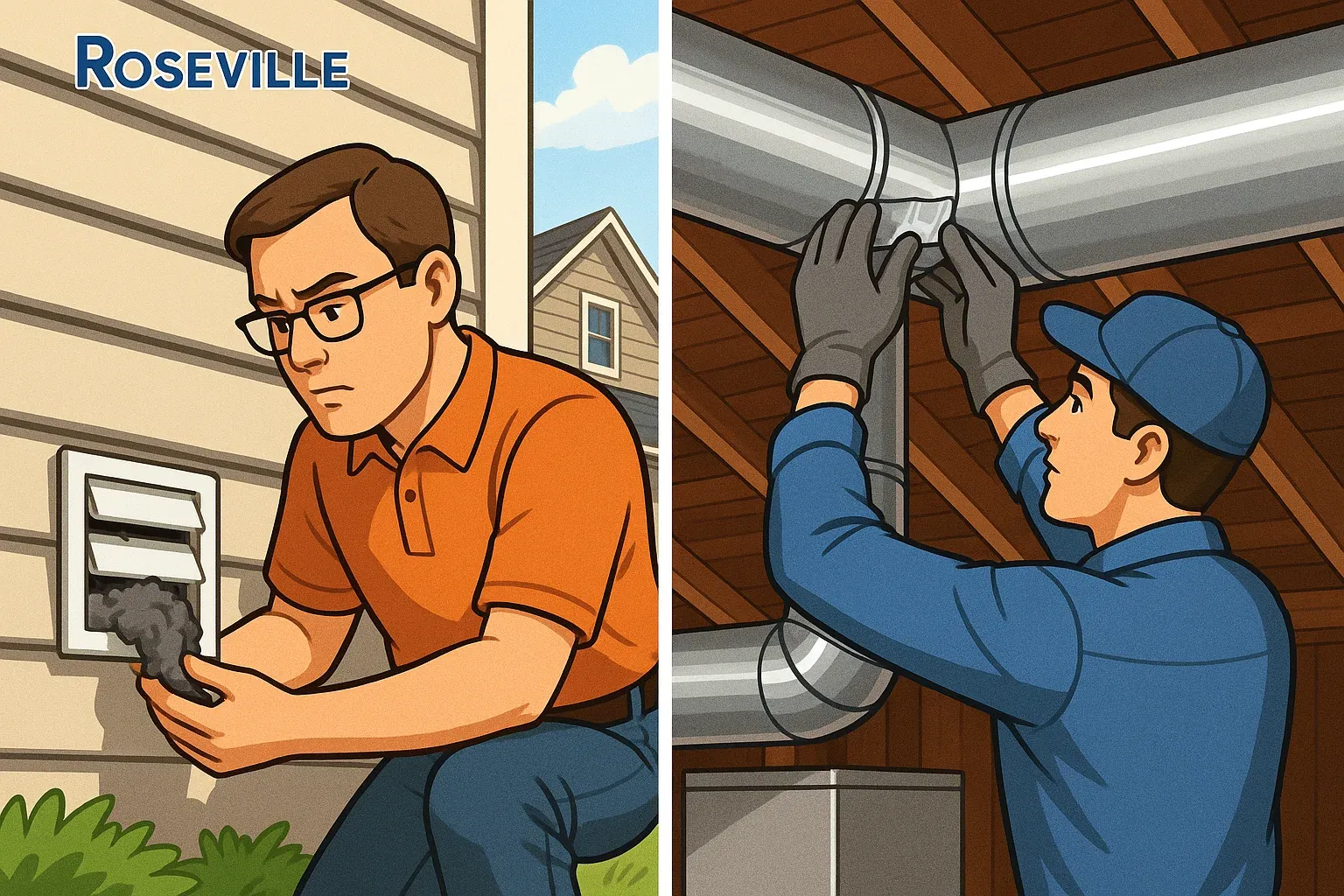 Roseville technician comparing dryer vent repair with HVAC cold air leak fix – troubleshooting airflow issues