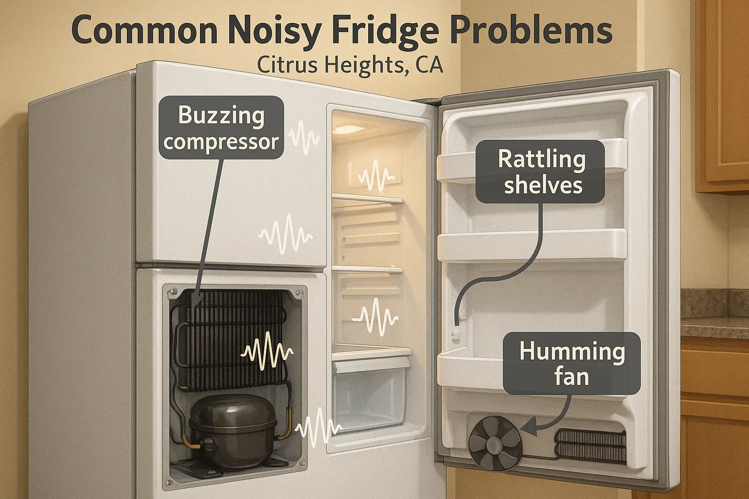 Common noisy fridge problems in Citrus Heights home showing buzzing compressor, rattling shelves, and humming fan