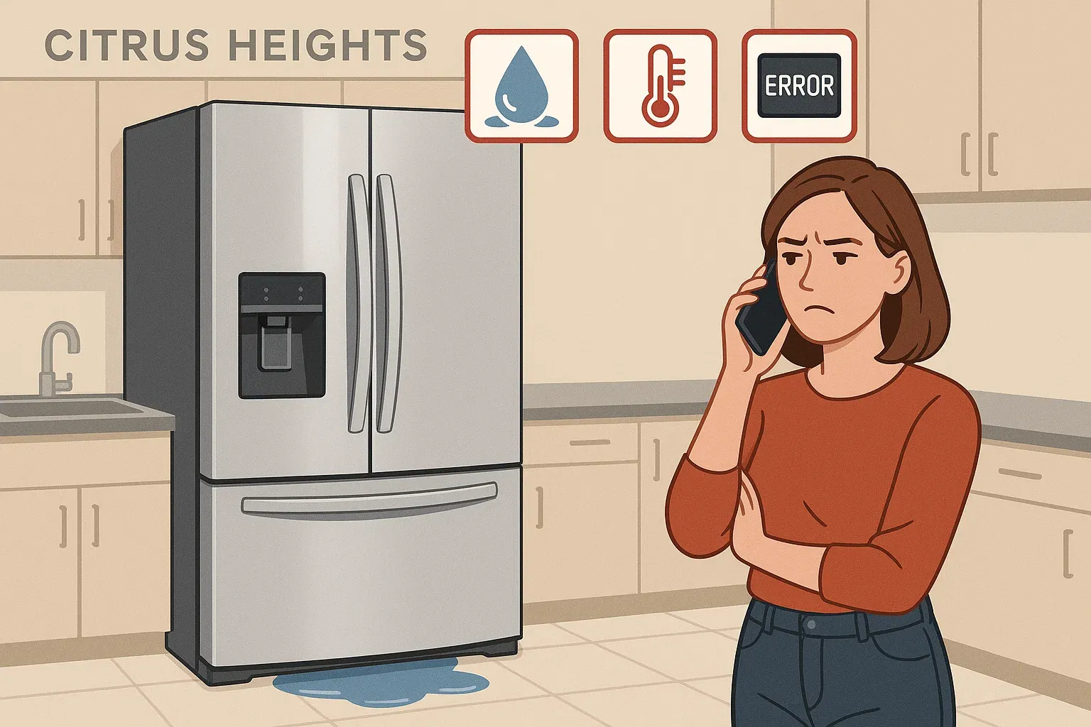 Refrigerator in Citrus Heights showing leaks, warm food, and error codes as signs you need expert repair help