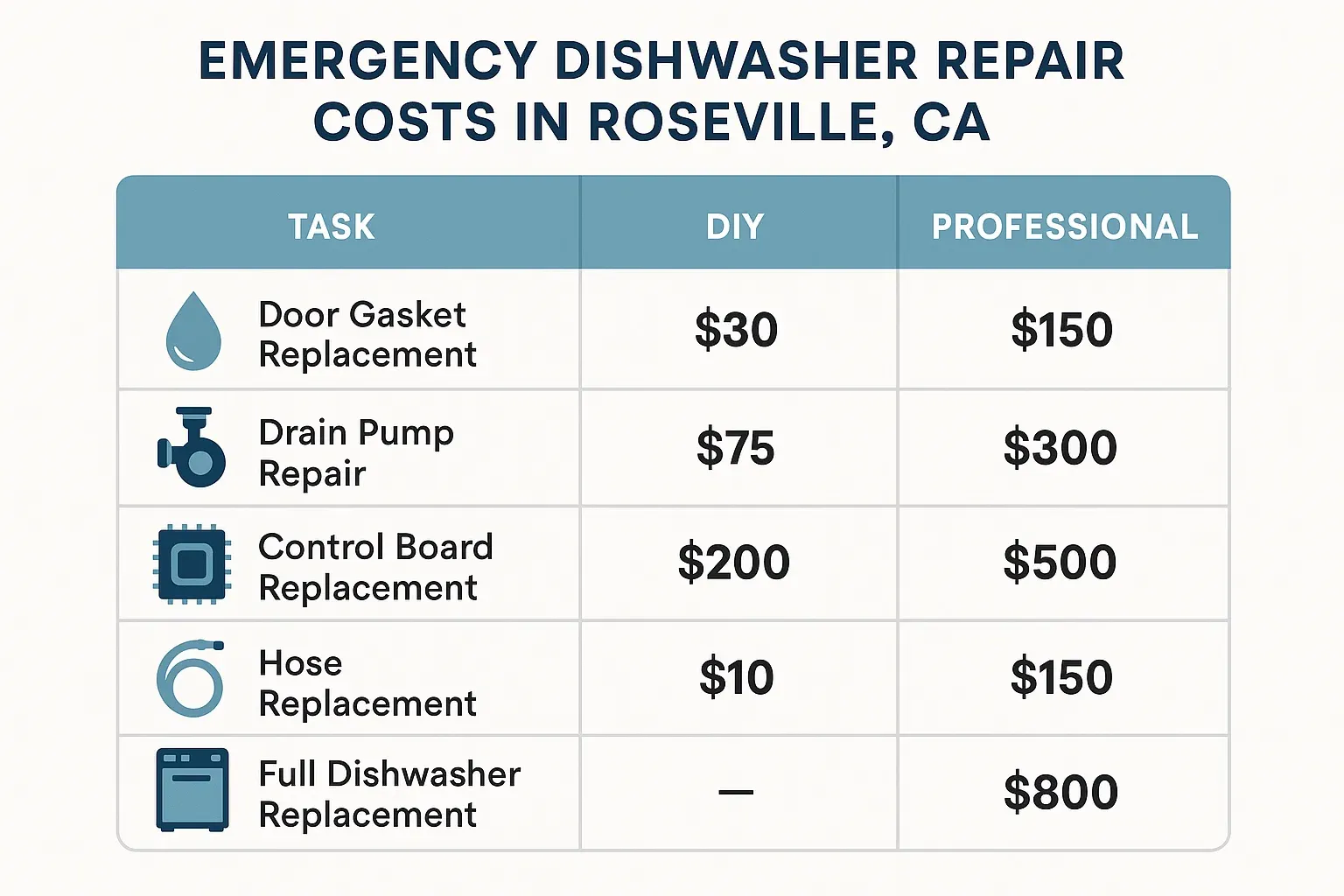 Infographic comparing DIY vs professional dishwasher repair costs in Roseville, including gasket, pump, control board, hose, and full replacement.