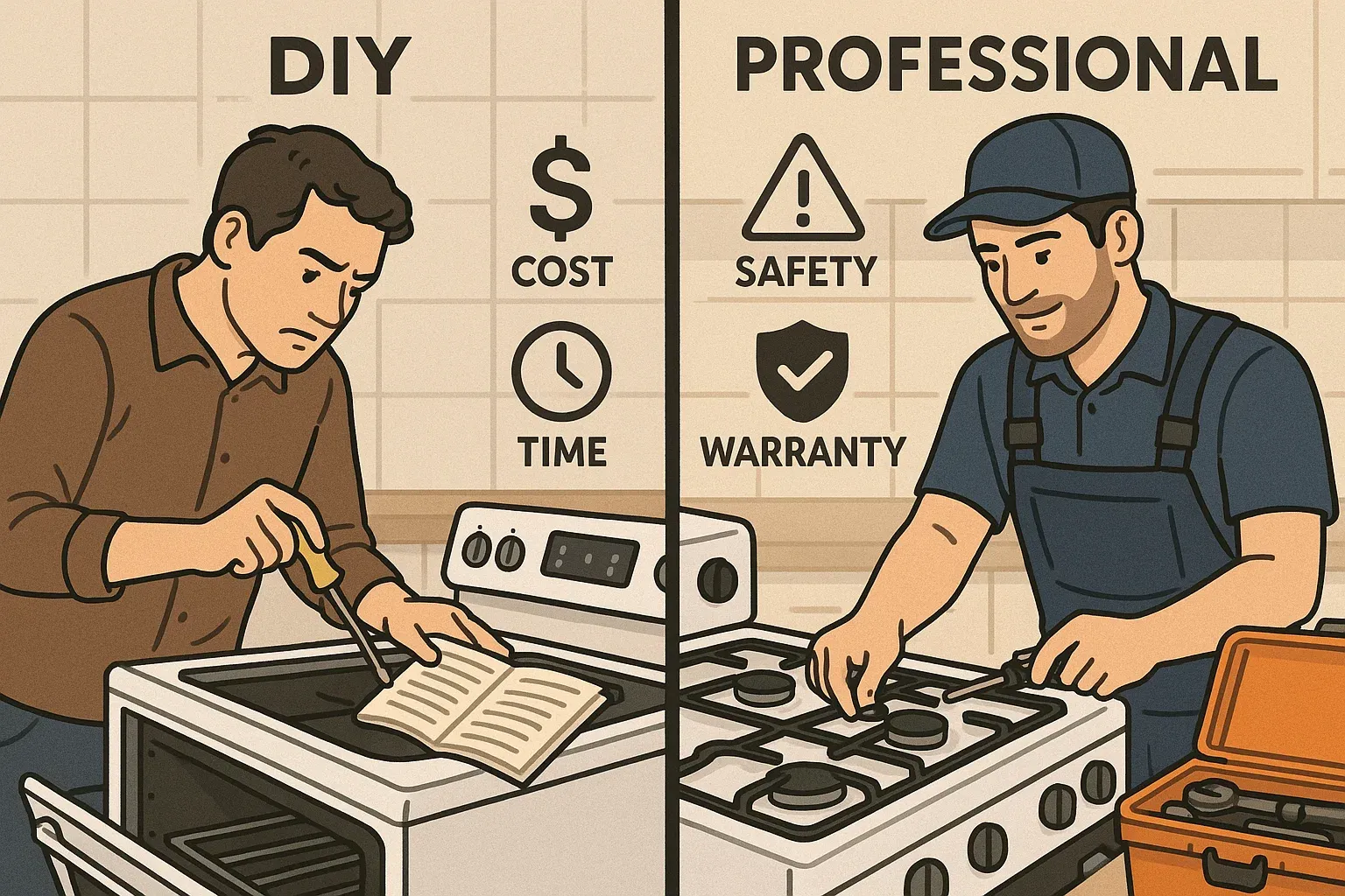 DIY vs professional range repair comparison showing homeowner vs certified technician in Roseville kitchen.