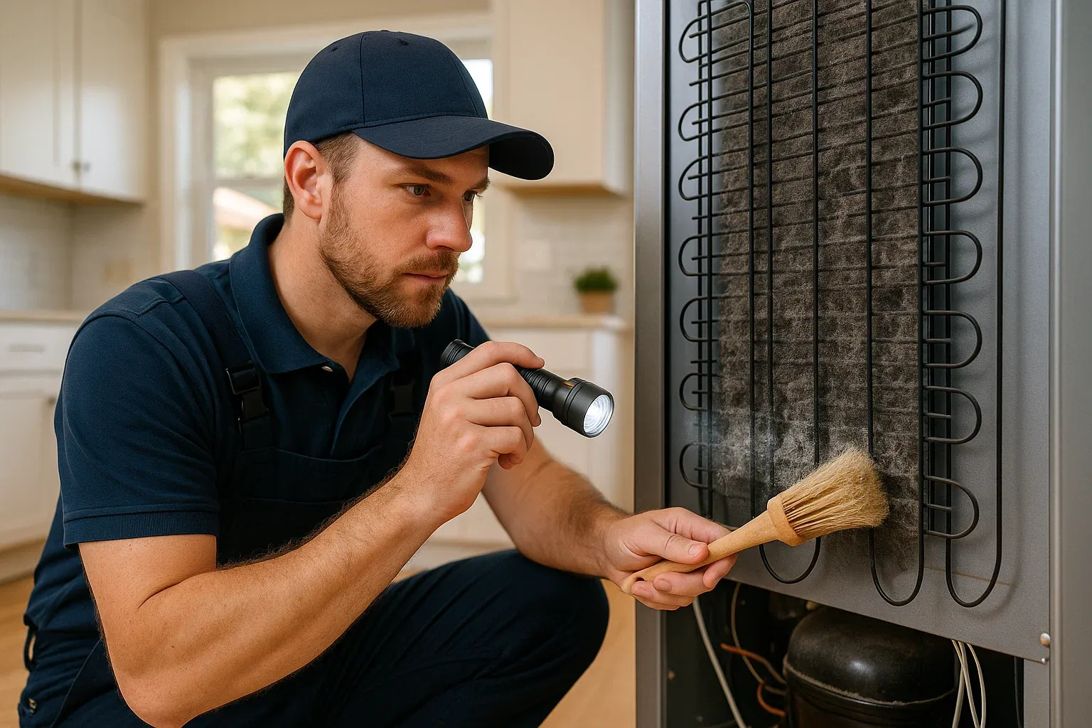 Citrus Heights freezer repair technician cleaning dirty condenser coils to fix cooling problems.