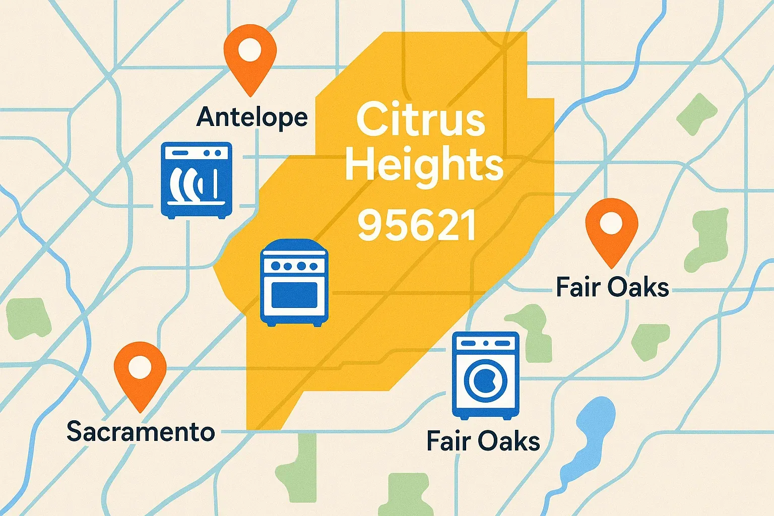 Appliance repair service map showing coverage in Fair Oaks, Antelope, and Sacramento near Citrus Heights.