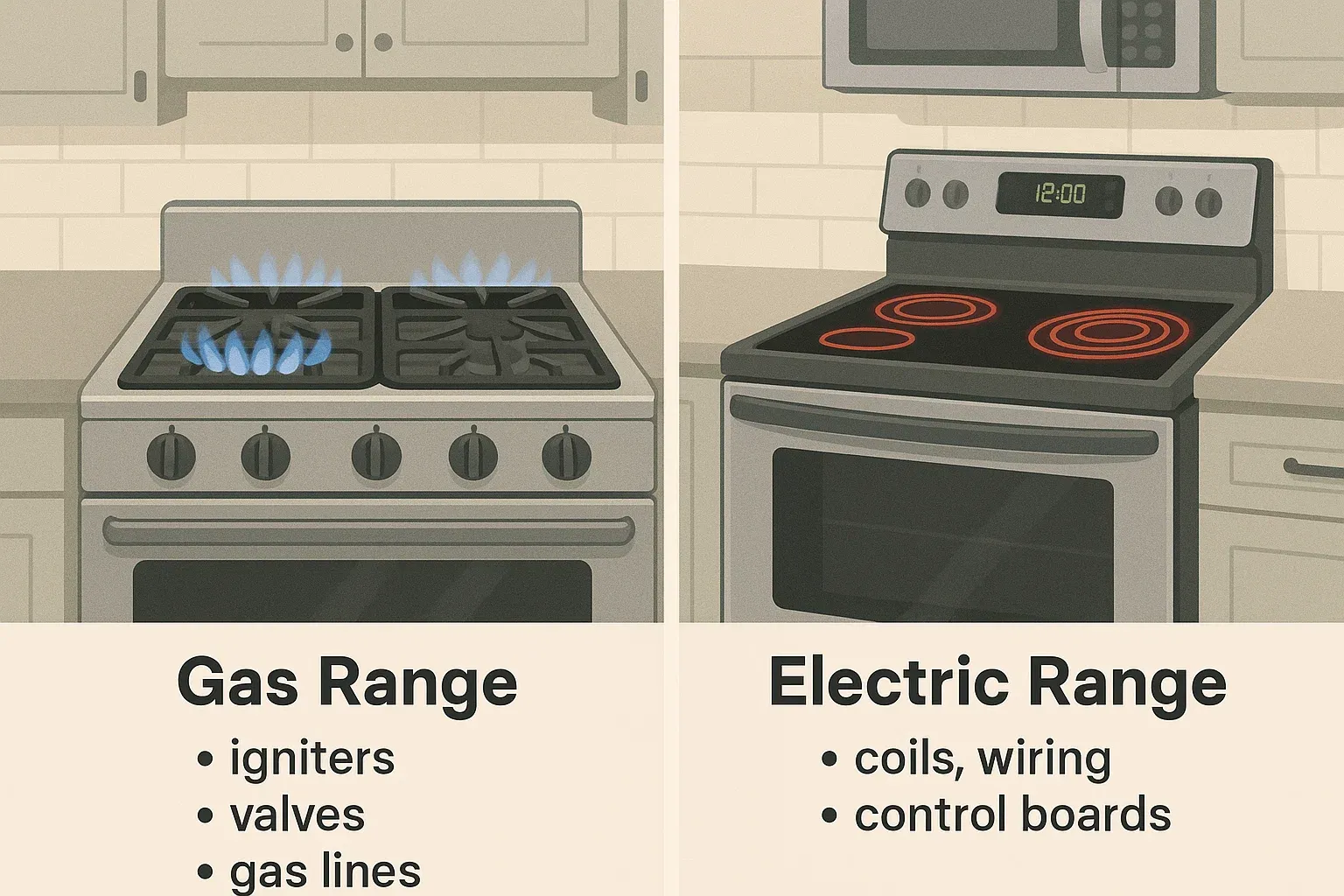 Gas vs electric range comparison showing gas burners with flames and electric smooth-top coils in a Roseville kitchen.