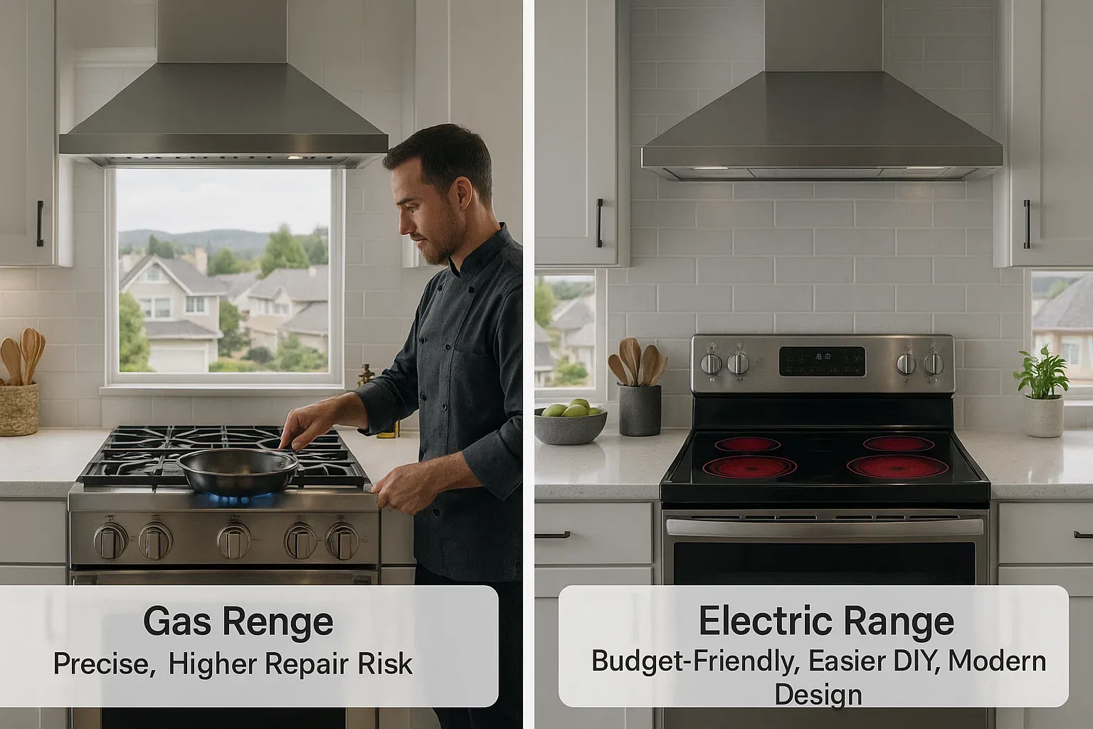 Gas vs electric range choice in Roseville homes showing gas flames for precision cooking and sleek electric smooth-top for budget-friendly design.