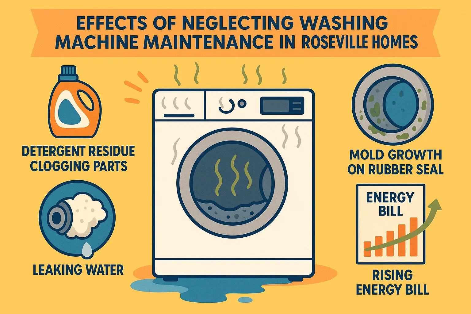 “Consequences of neglecting washing machine cleaning in Roseville homes, including odors, mold, detergent buildup, water waste, and leaks.”