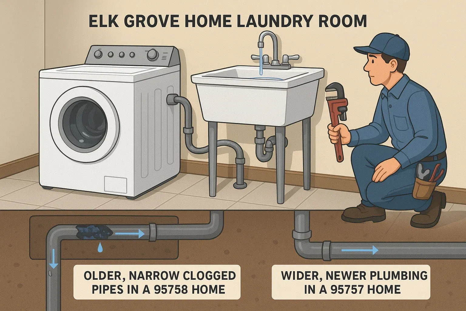 Evaluating plumbing system in Elk Grove homes: older 95758 houses with narrow or clogged pipes causing washer drainage problems compared to newer 95757 homes with better plumbing.