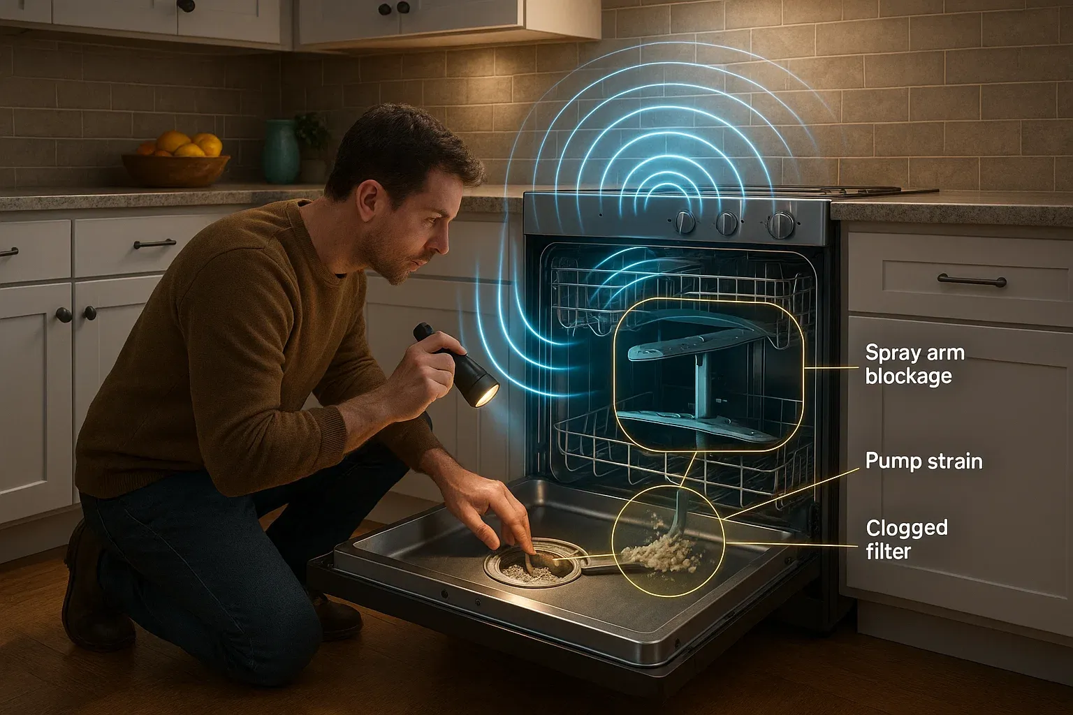 Noisy dishwasher repair Citrus Heights – grinding, buzzing, and rattling sounds caused by clogged filter, pump strain, and spray arm blockages from hard water buildup.